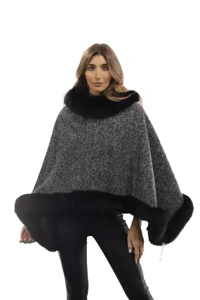 Tweed Poncho with Fur Trim - Dark Grey