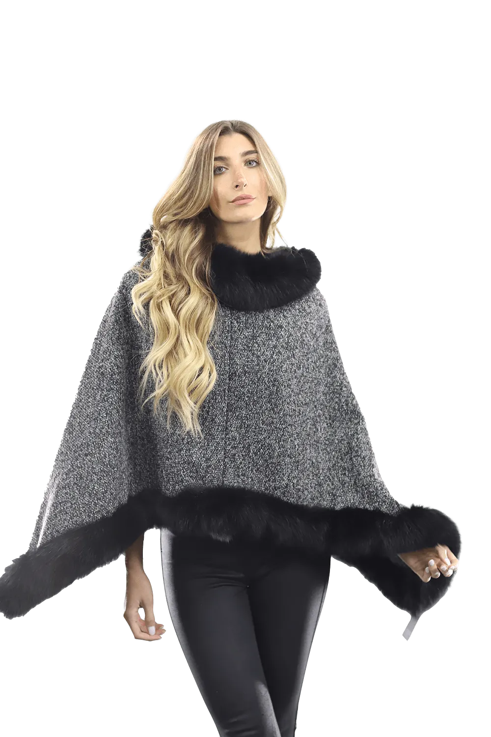 Tweed Poncho with Fur Trim - Dark Grey