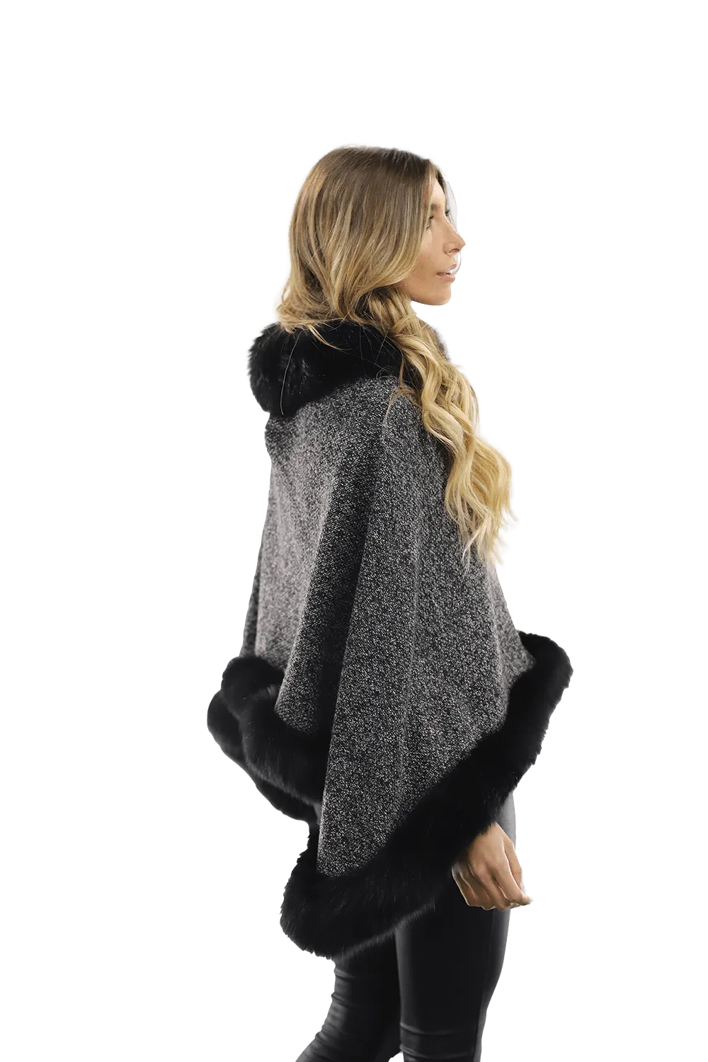 Tweed Poncho with Fur Trim - Dark Grey