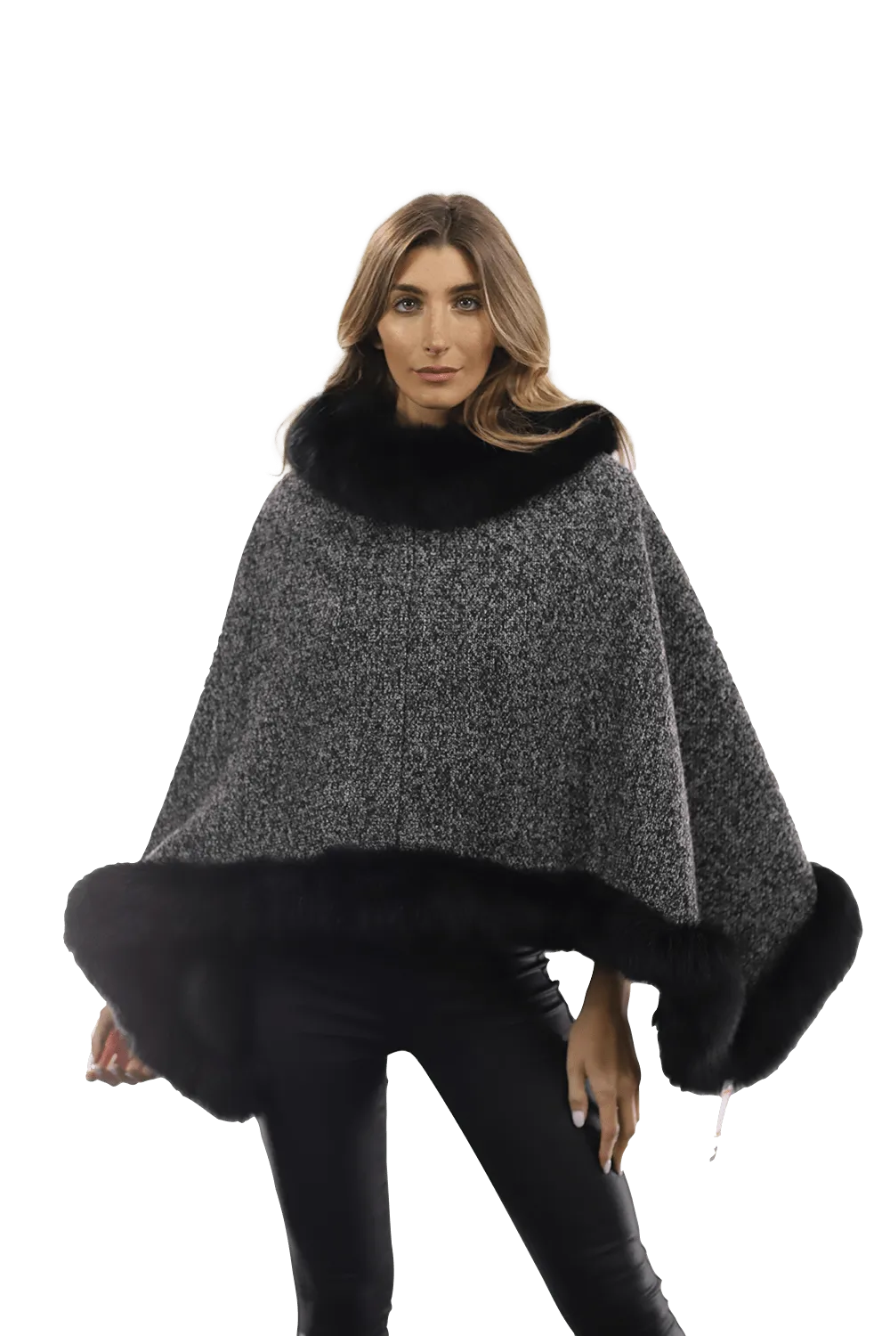 Tweed Poncho with Fur Trim - Dark Grey