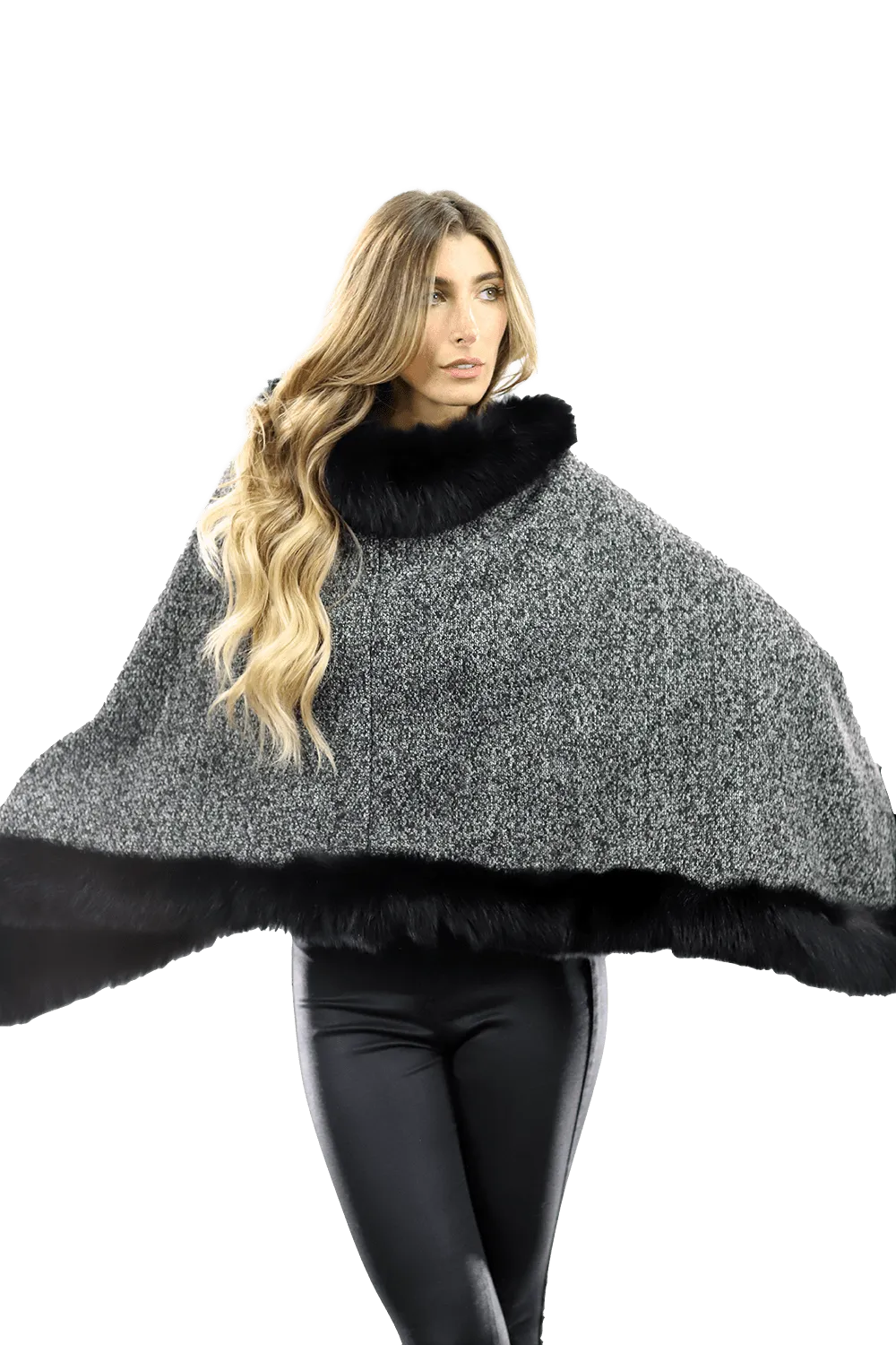 Tweed Poncho with Fur Trim - Dark Grey