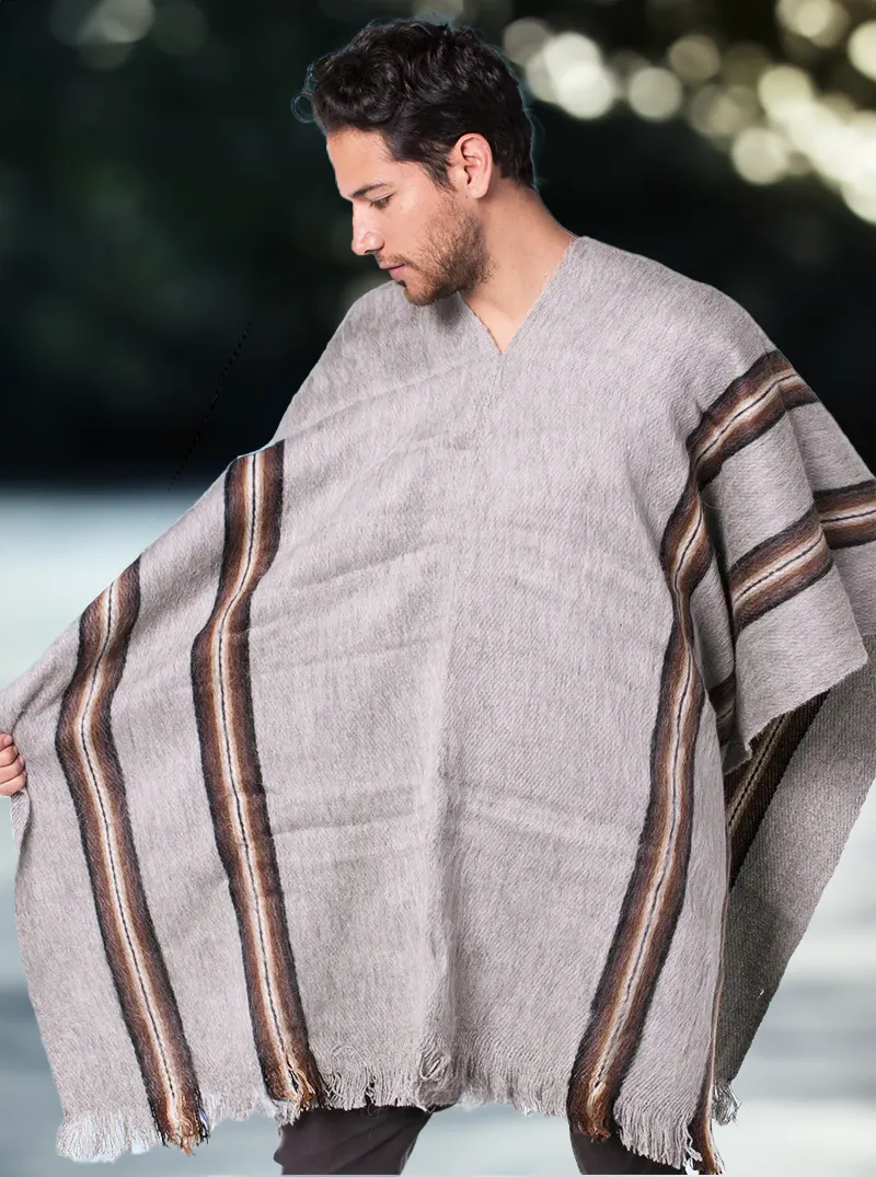 V-Neck Gray Poncho for Men