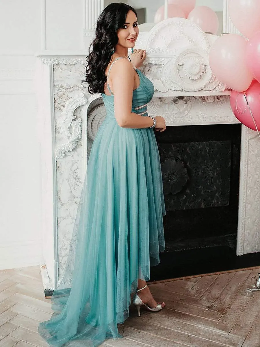 V Neck High-low Hem Pleated Tulle Prom Dress