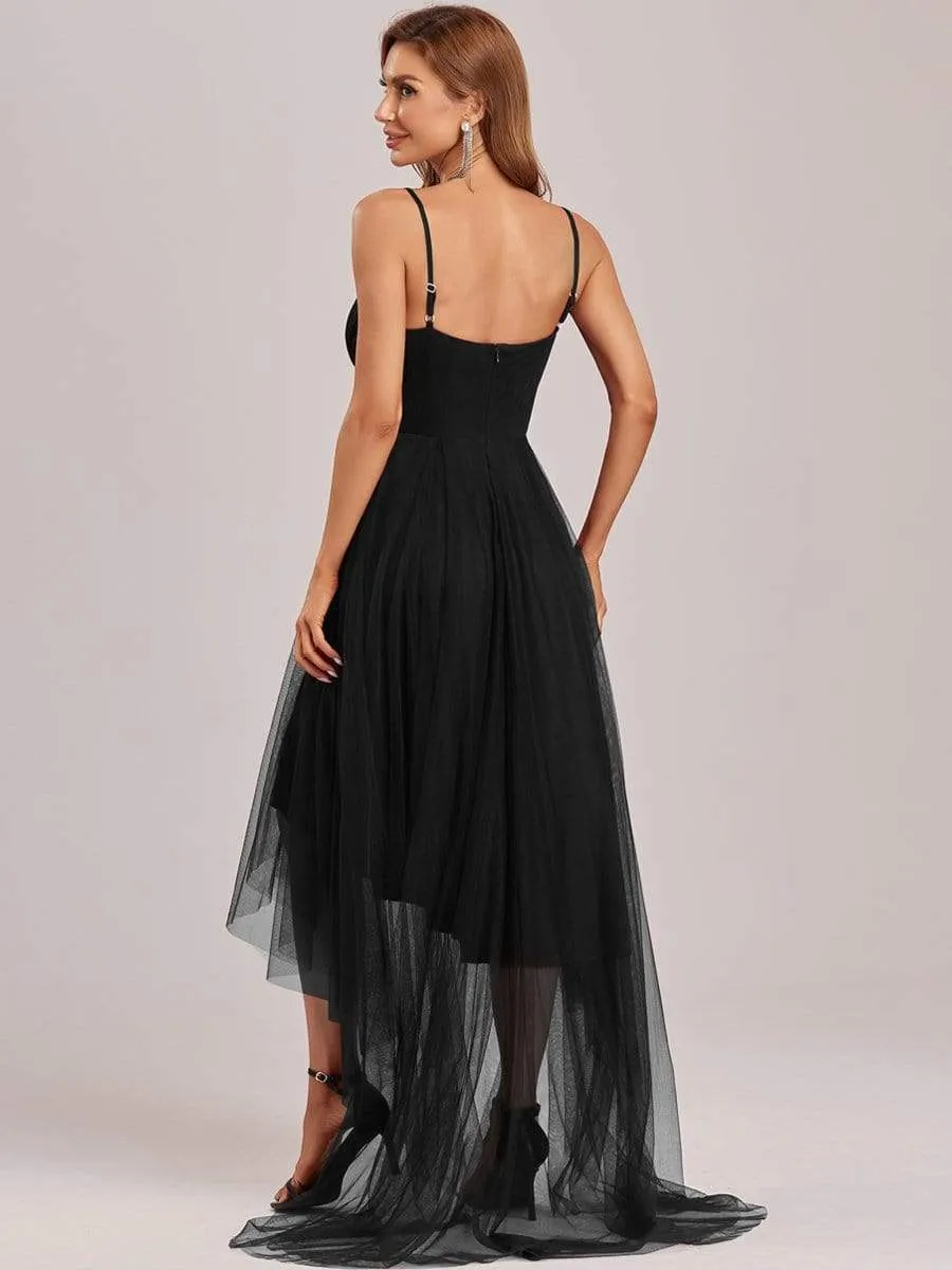 V Neck High-low Hem Pleated Tulle Prom Dress