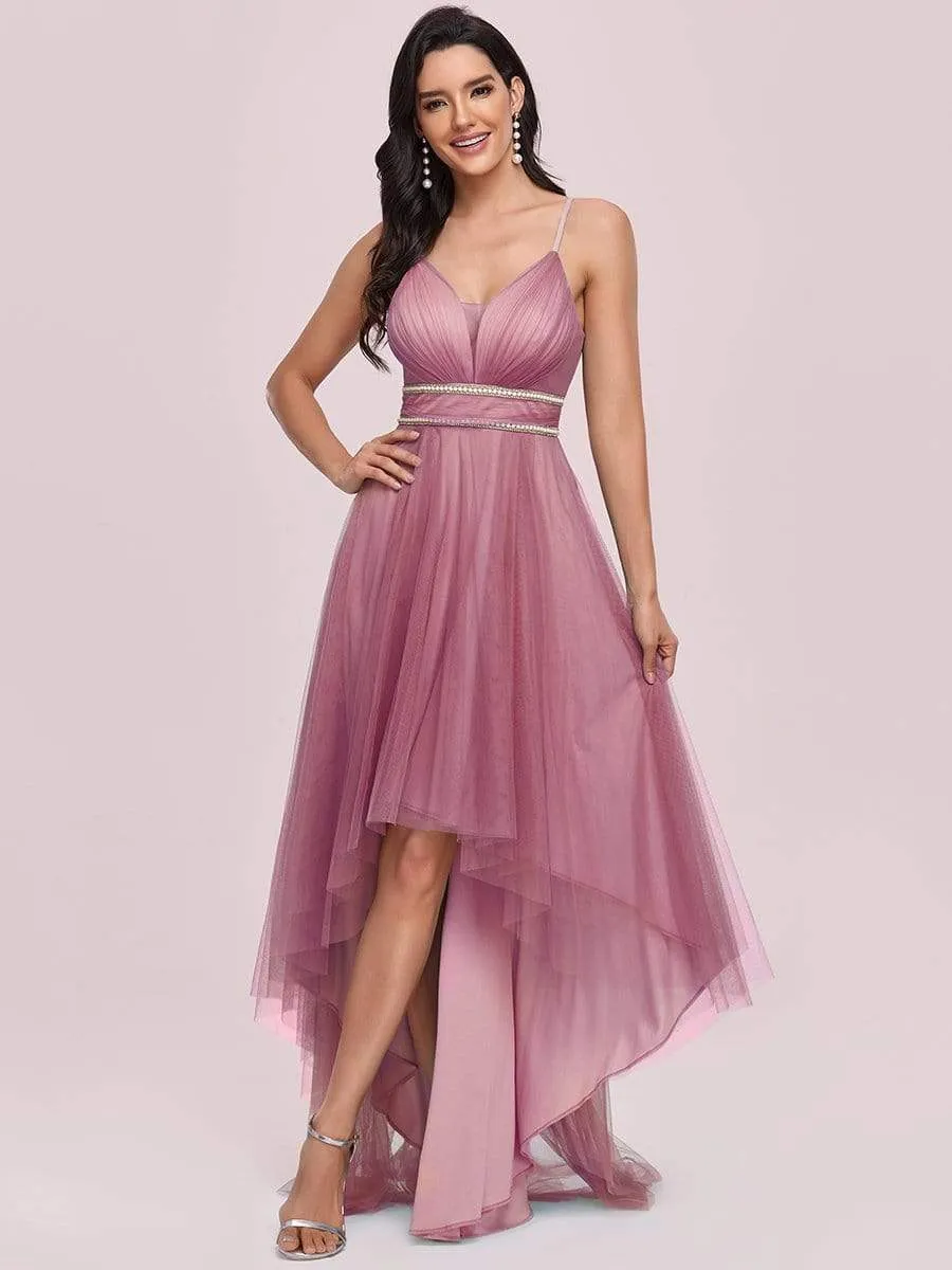 V Neck High-low Hem Pleated Tulle Prom Dress