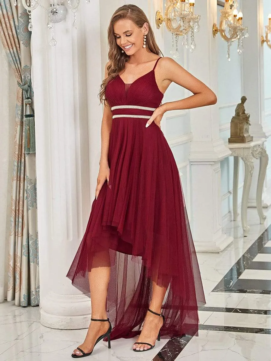 V Neck High-low Hem Pleated Tulle Prom Dress