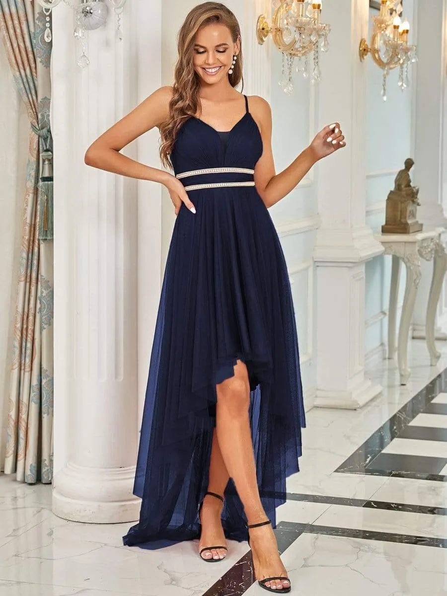 V Neck High-low Hem Pleated Tulle Prom Dress