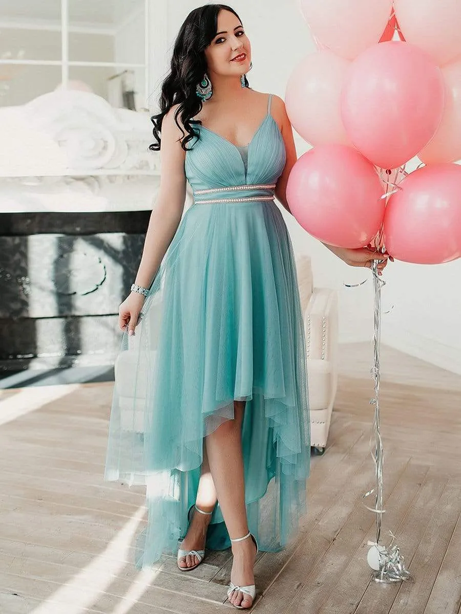 V Neck High-low Hem Pleated Tulle Prom Dress