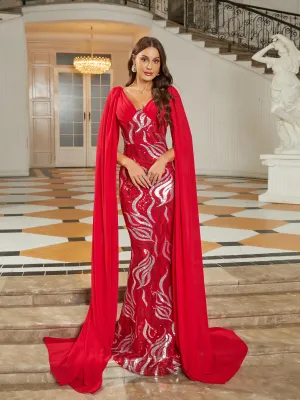 V-Neck Long Sleeve Red Sequin Maxi Prom Dress RM20716