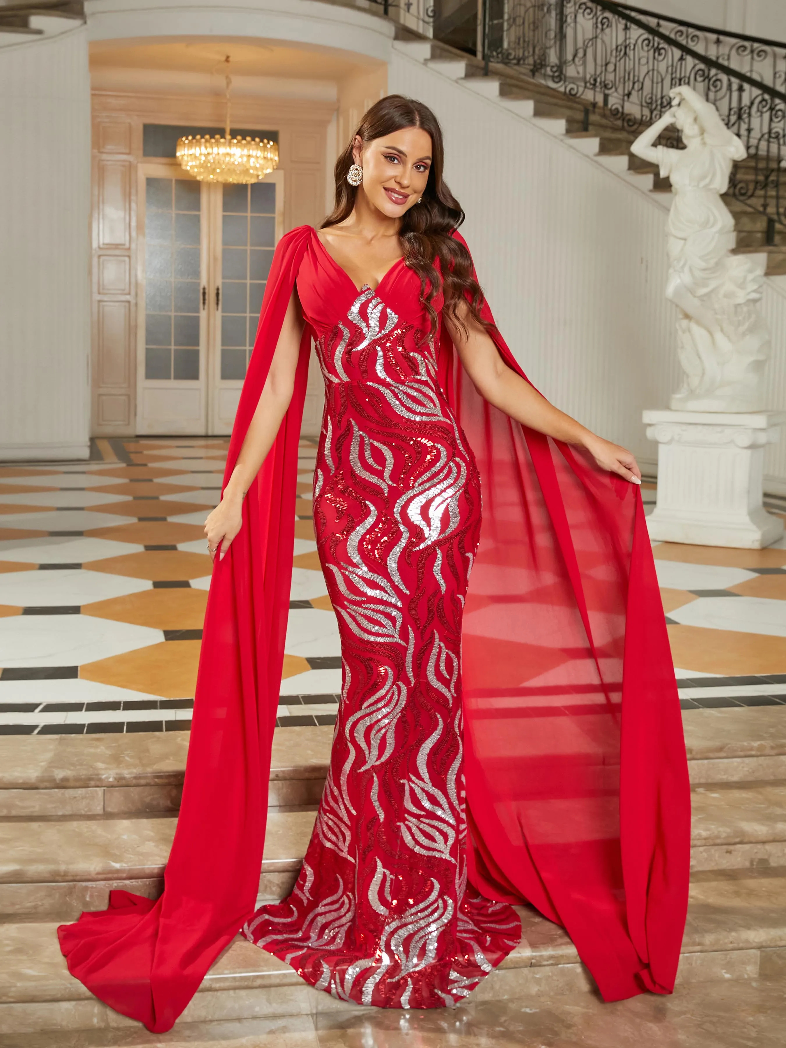 V-Neck Long Sleeve Red Sequin Maxi Prom Dress RM20716