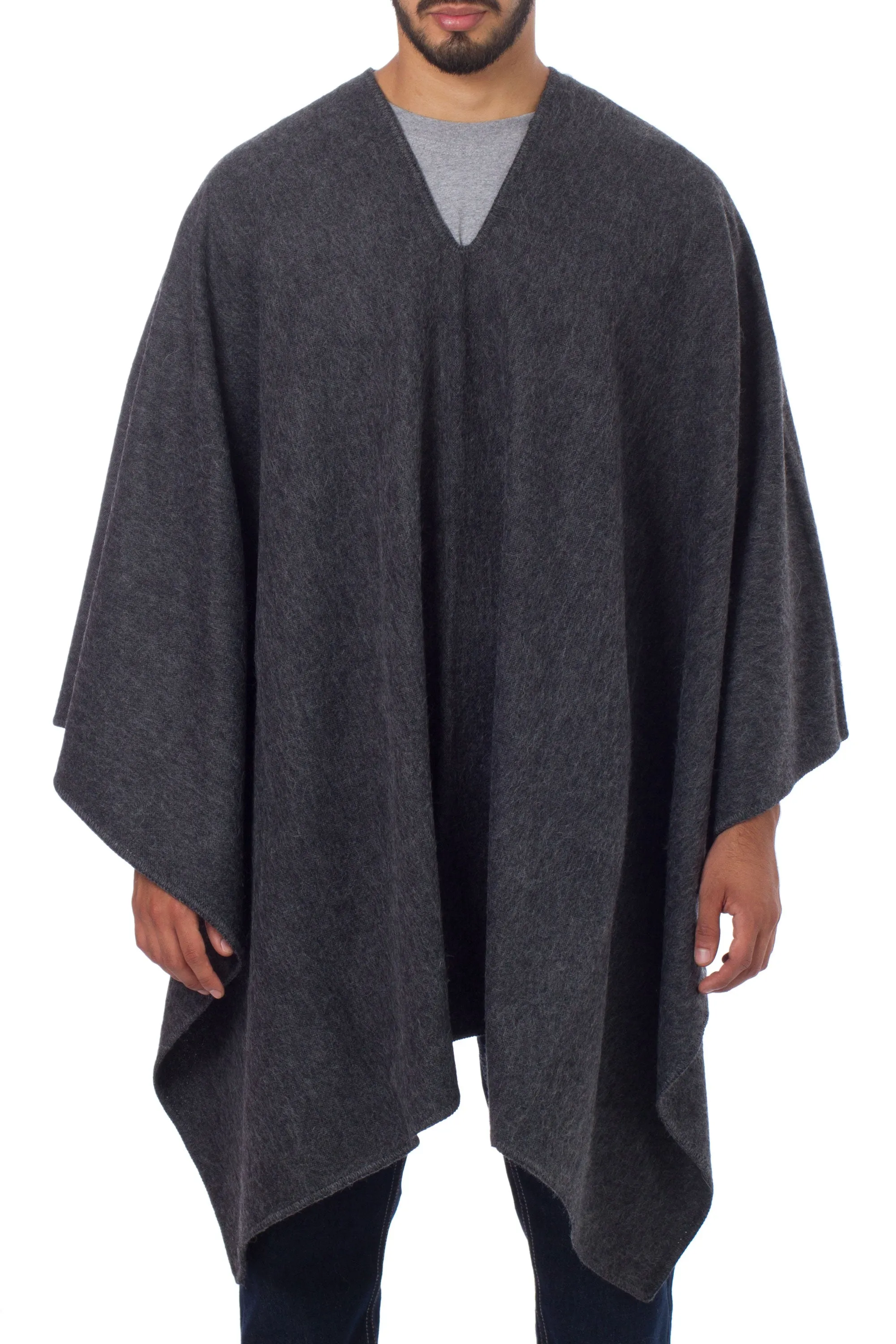 V-neck Poncho for Men Artisan Crafted in Peru - Inca Explorer in Gray | NOVICA