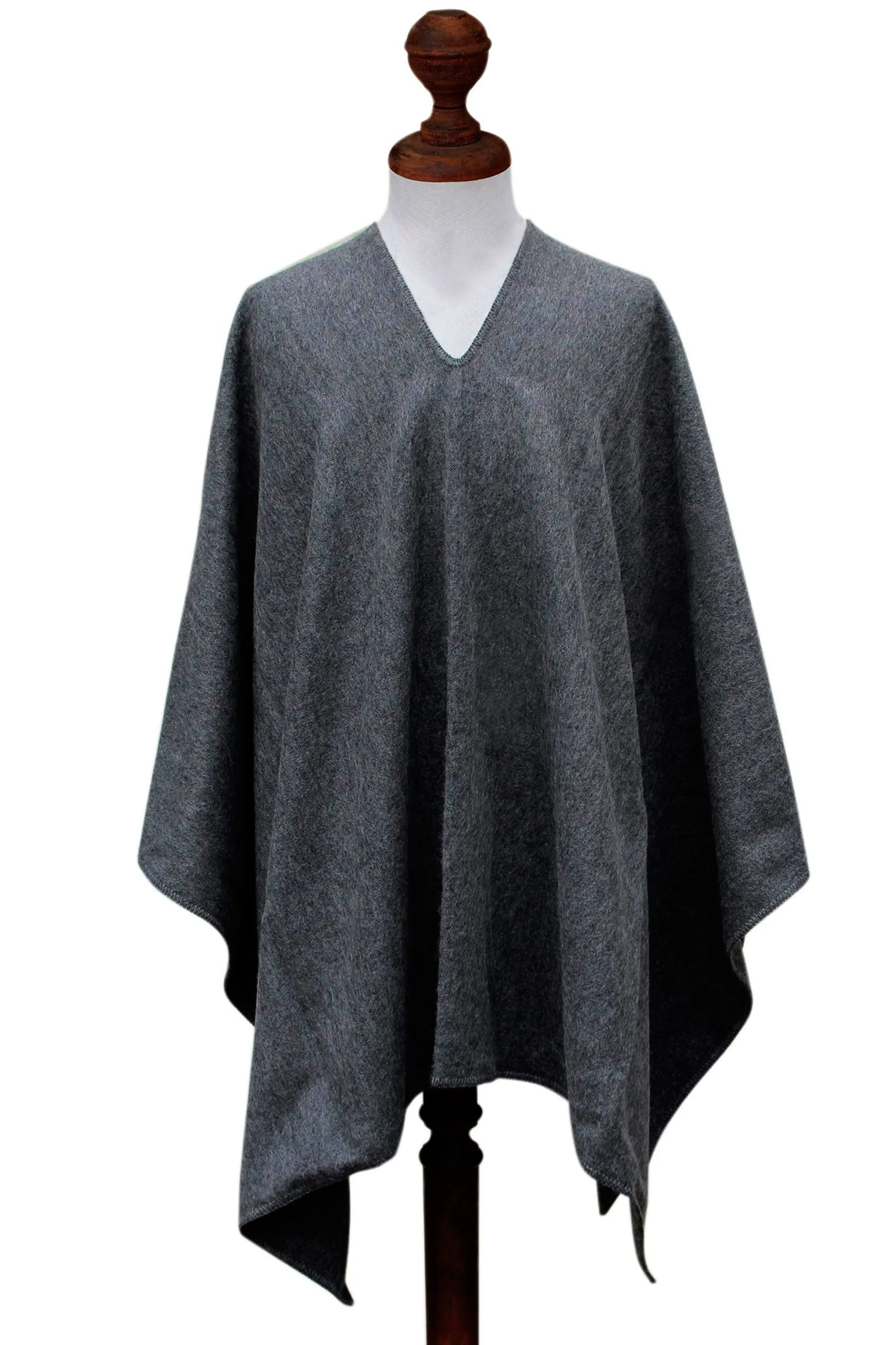 V-neck Poncho for Men Artisan Crafted in Peru - Inca Explorer in Gray | NOVICA