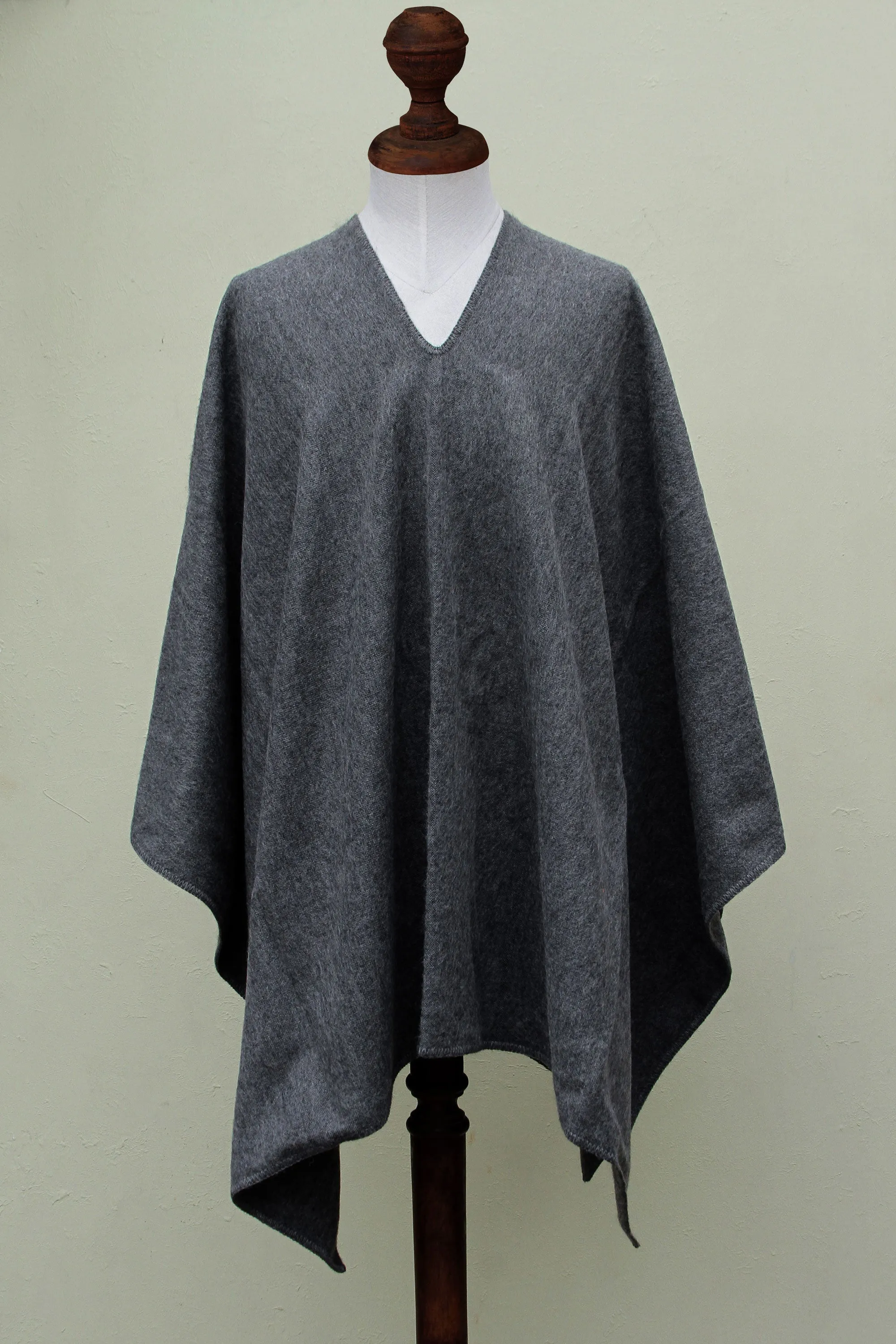 V-neck Poncho for Men Artisan Crafted in Peru - Inca Explorer in Gray | NOVICA