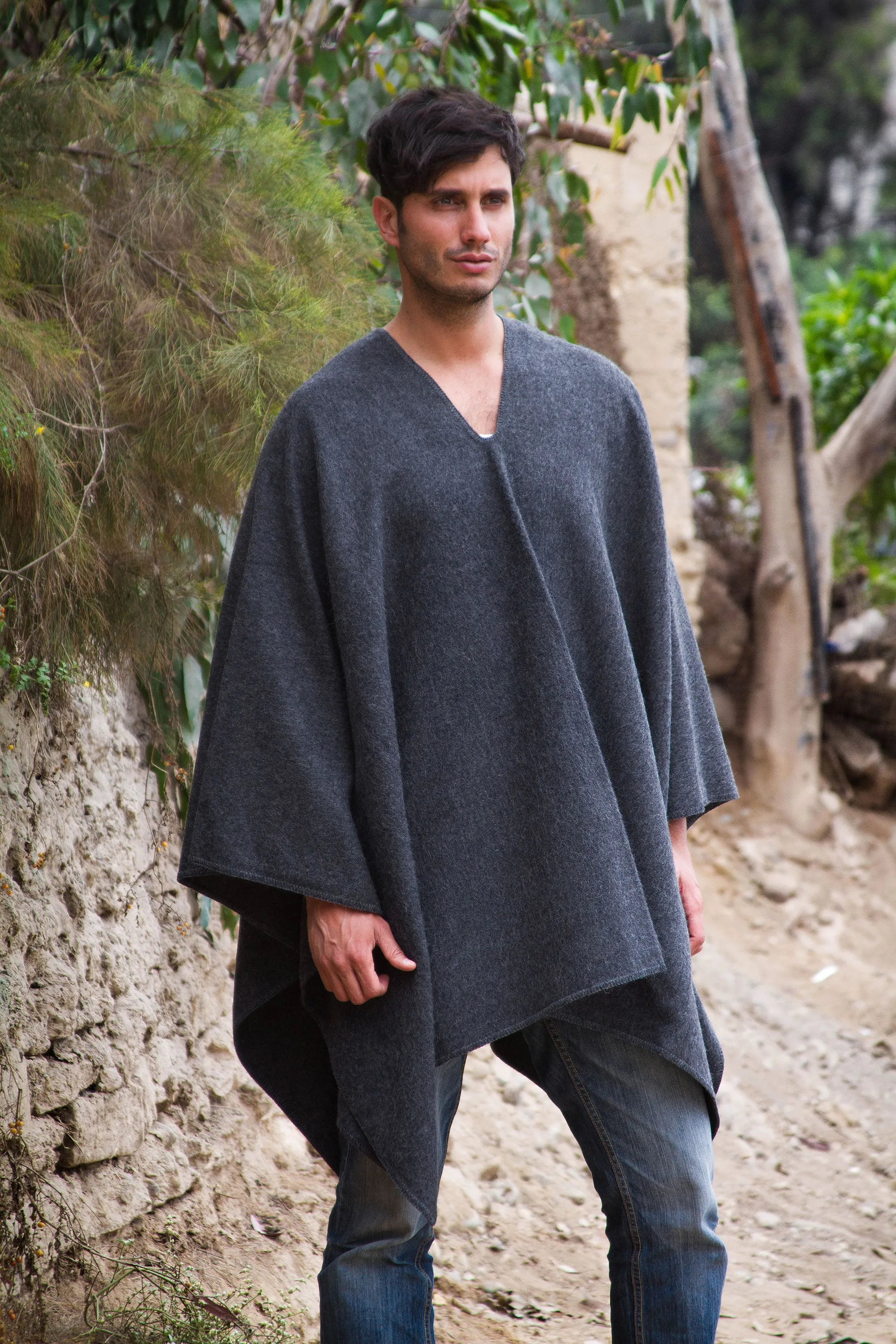 V-neck Poncho for Men Artisan Crafted in Peru - Inca Explorer in Gray | NOVICA