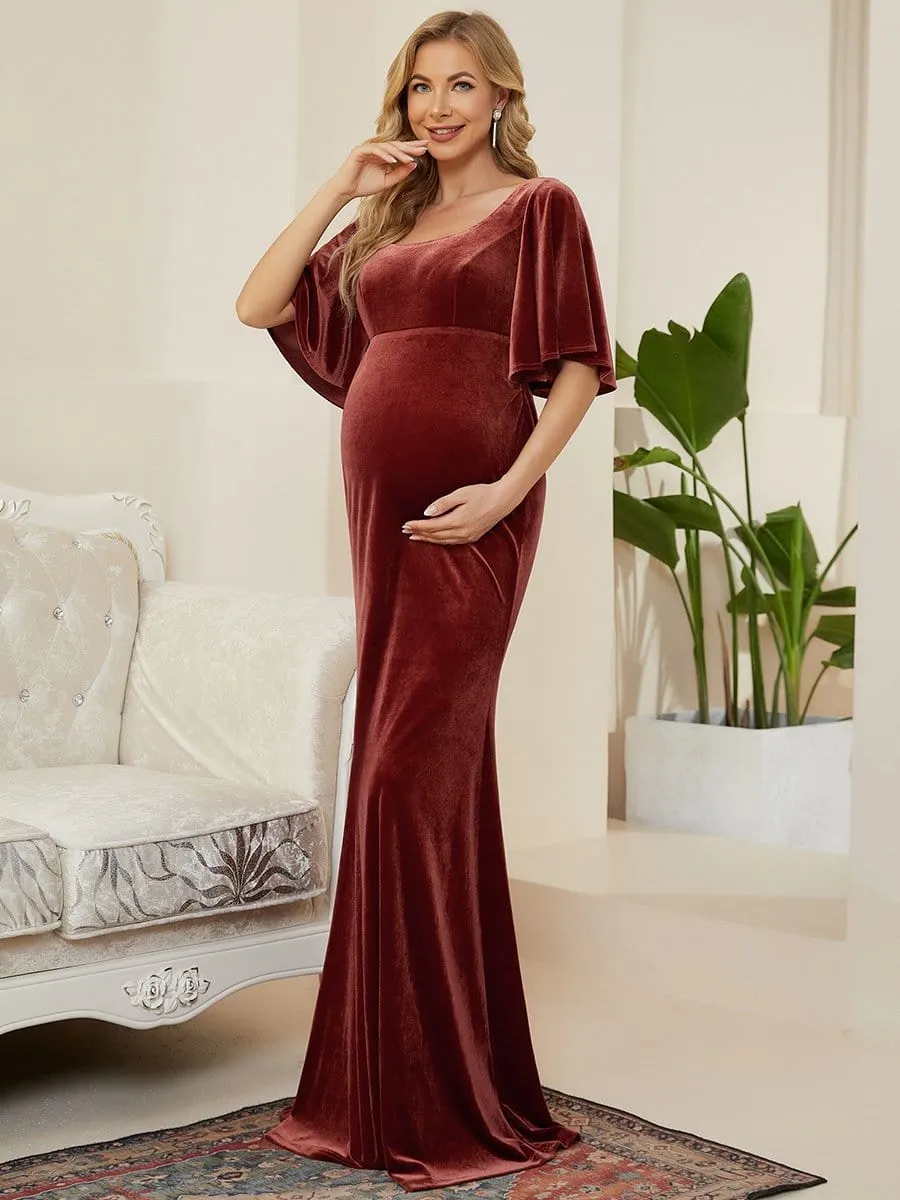 Velvet Short Sleeve Floor-Length Mermaid Bump Friendly Dress