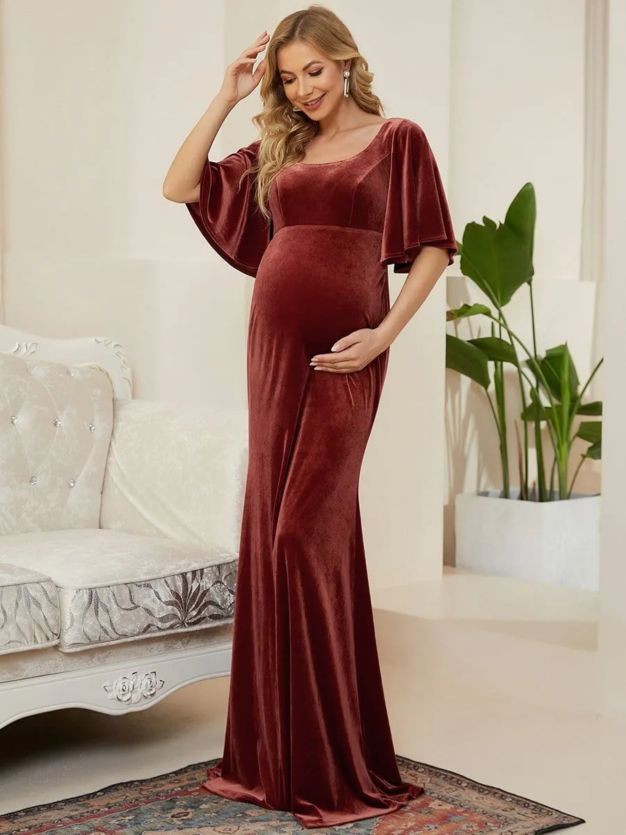 Velvet Short Sleeve Floor-Length Mermaid Bump Friendly Dress