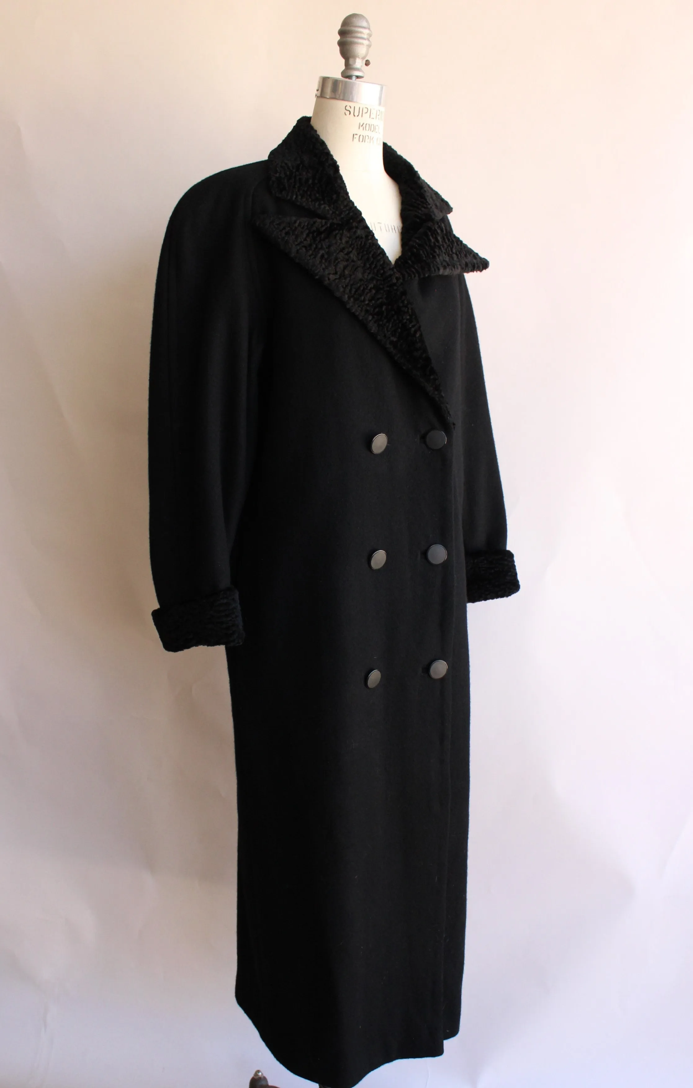 Vintage 1980s Black Wool Double Breasted Overcoat