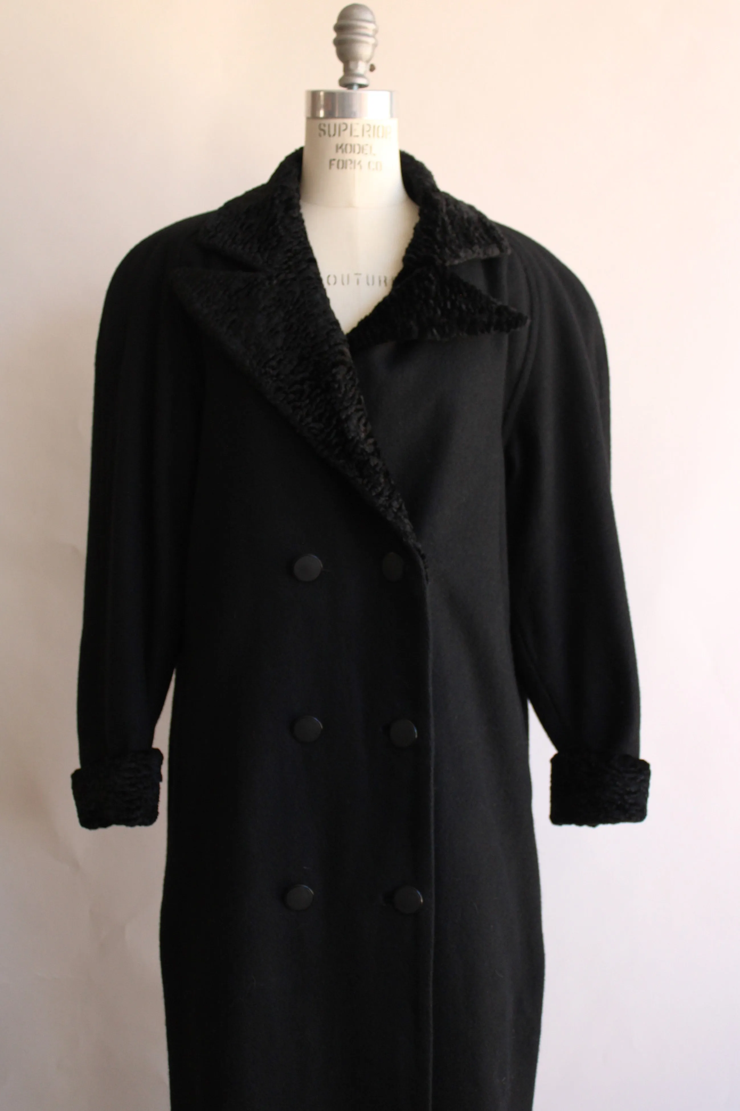 Vintage 1980s Black Wool Double Breasted Overcoat