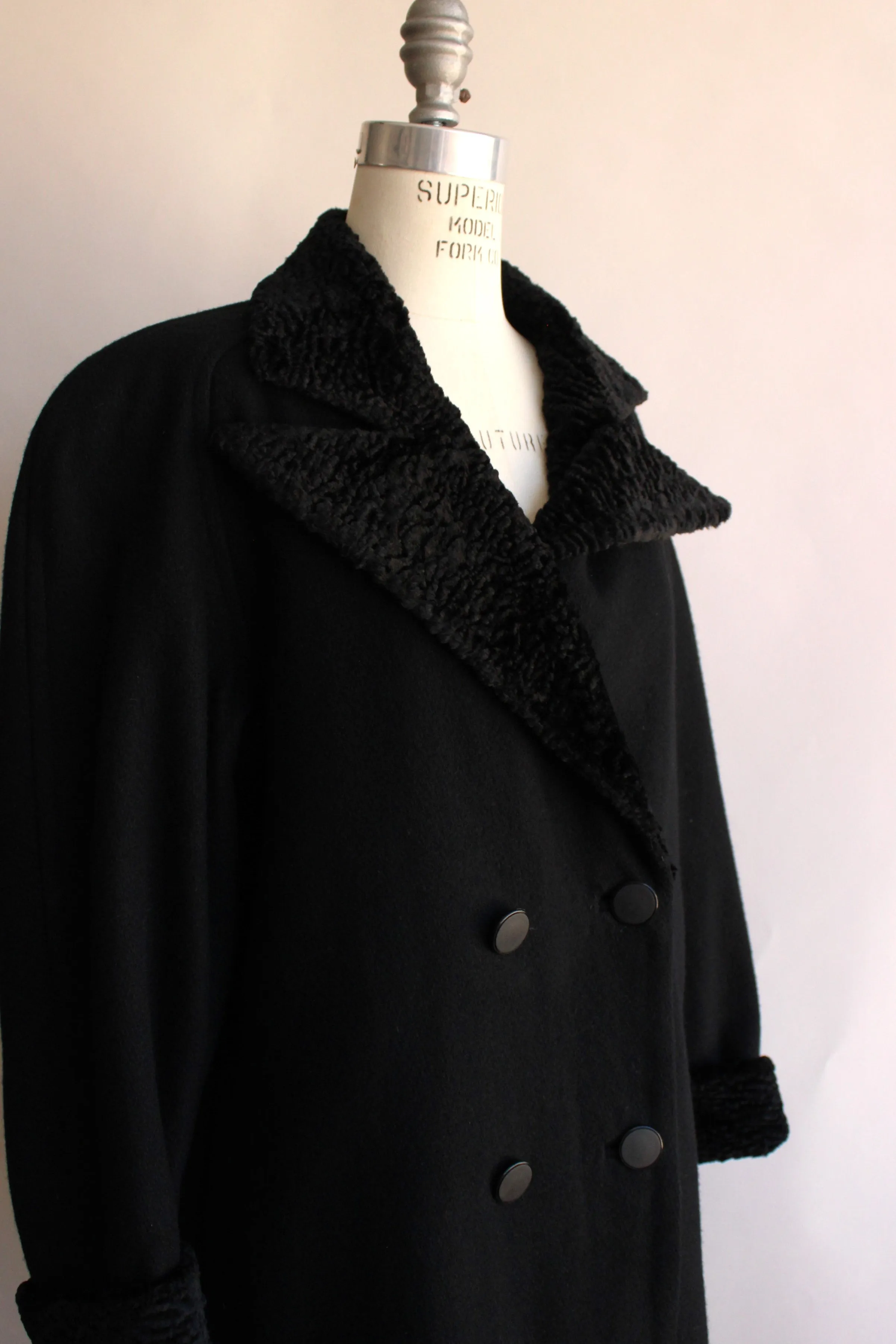 Vintage 1980s Black Wool Double Breasted Overcoat