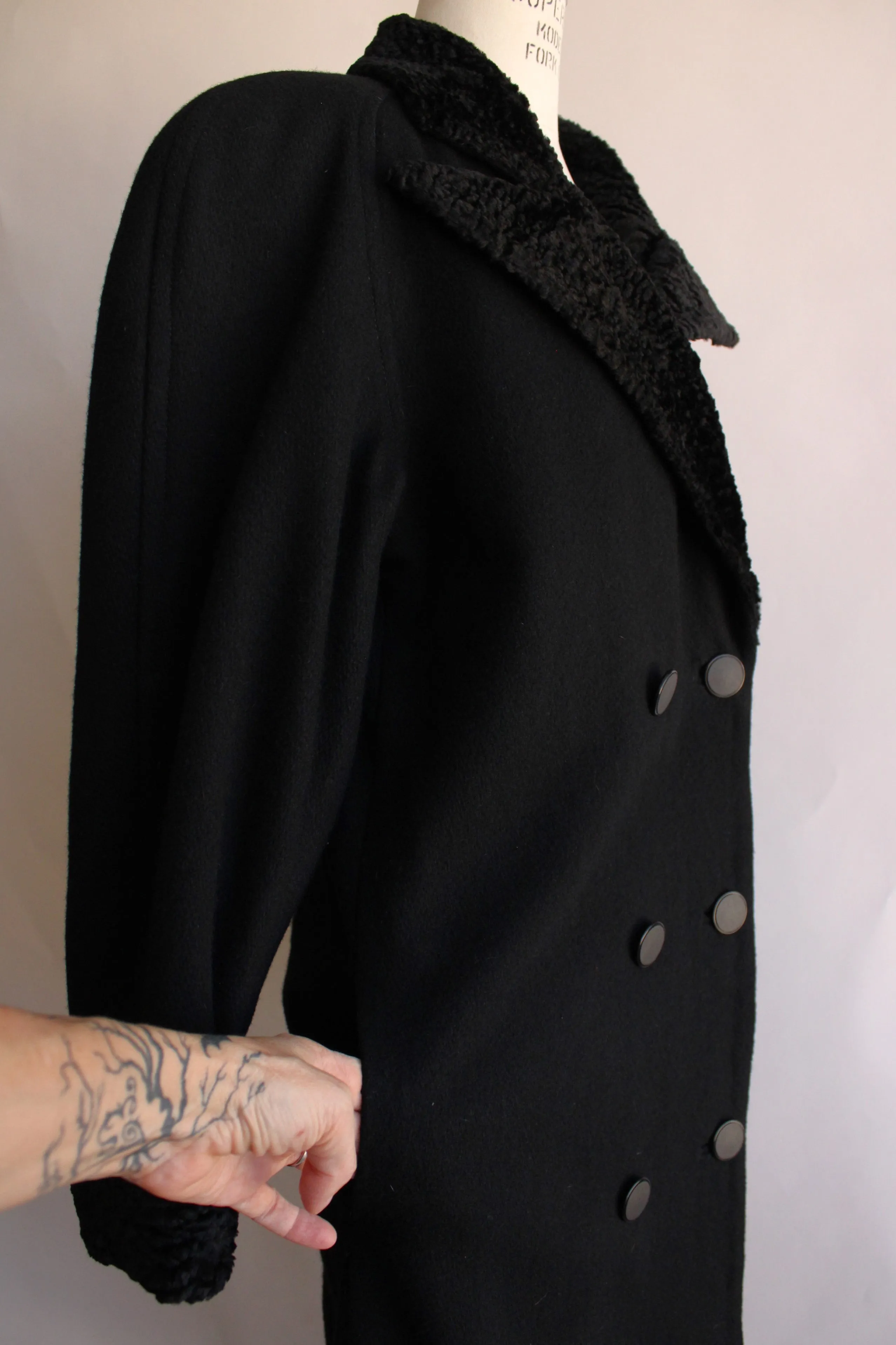 Vintage 1980s Black Wool Double Breasted Overcoat