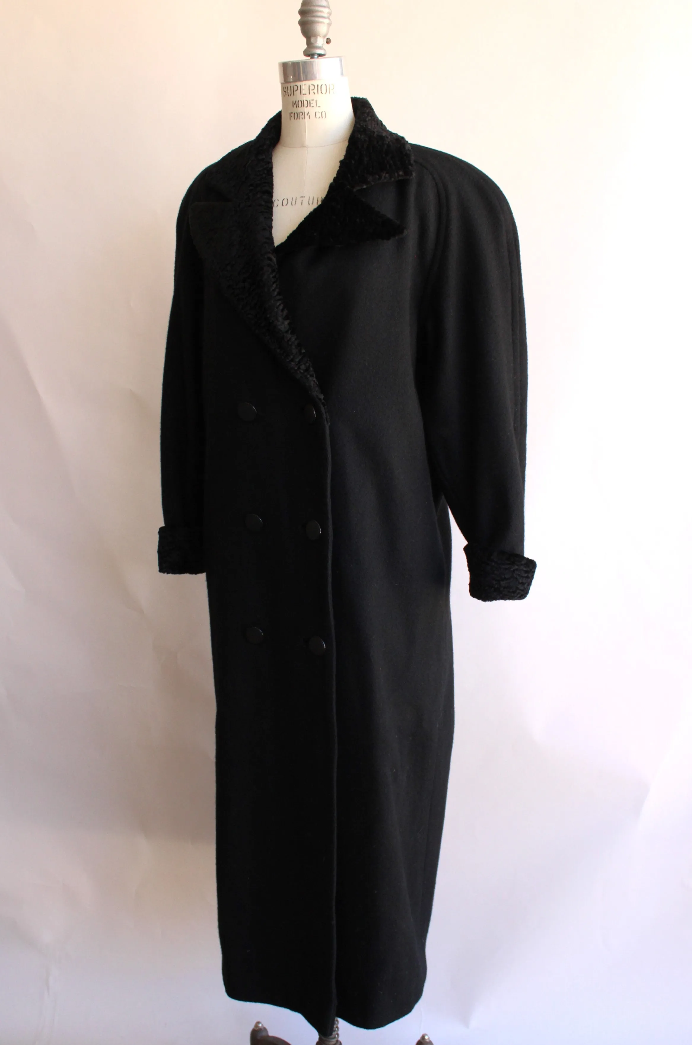 Vintage 1980s Black Wool Double Breasted Overcoat