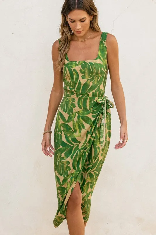 Waitlist 1/20 ♥ Cassandra Sleeveless Tropical Print Wrap Midi Dress Green