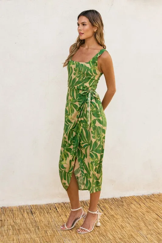 Waitlist 1/20 ♥ Cassandra Sleeveless Tropical Print Wrap Midi Dress Green