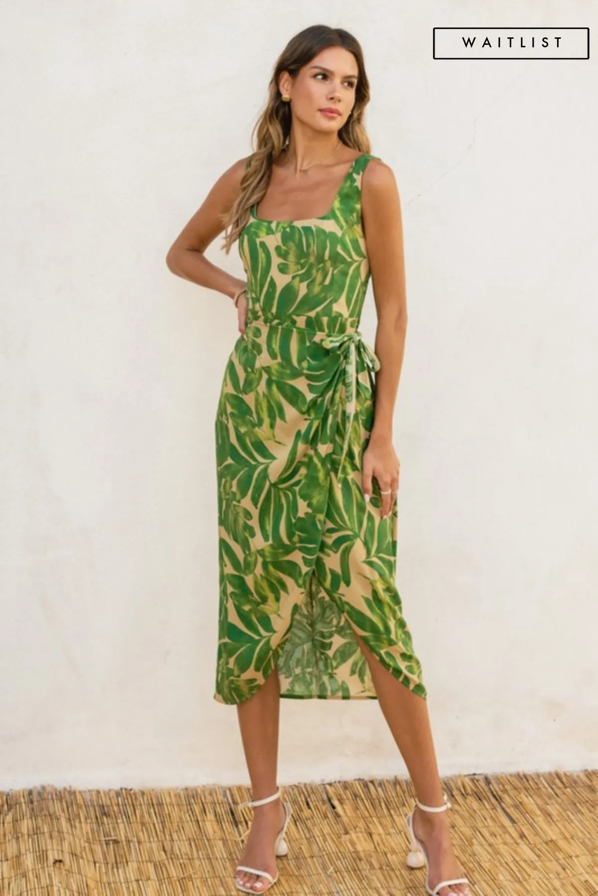 Waitlist 1/20 ♥ Cassandra Sleeveless Tropical Print Wrap Midi Dress Green