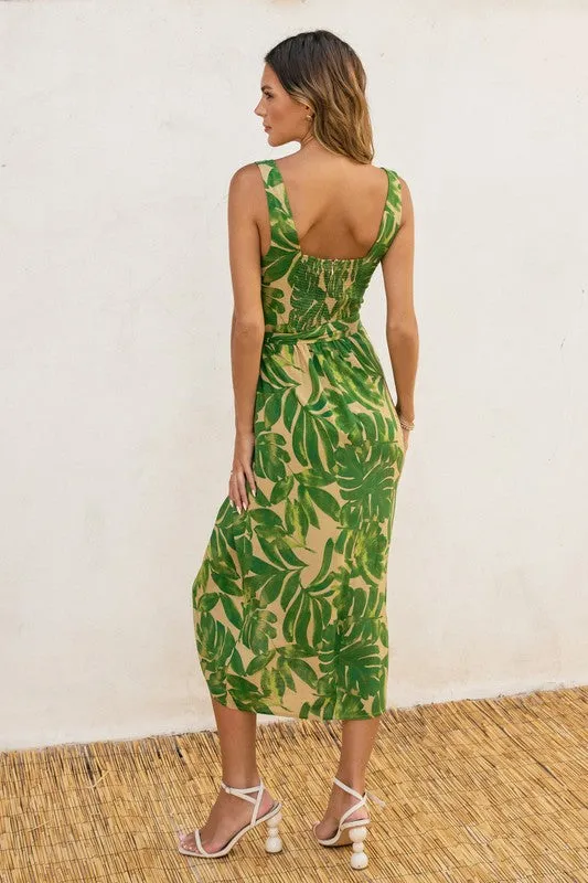 Waitlist 1/20 ♥ Cassandra Sleeveless Tropical Print Wrap Midi Dress Green