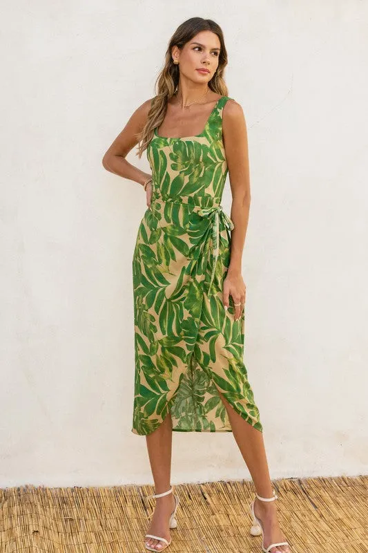 Waitlist 1/20 ♥ Cassandra Sleeveless Tropical Print Wrap Midi Dress Green