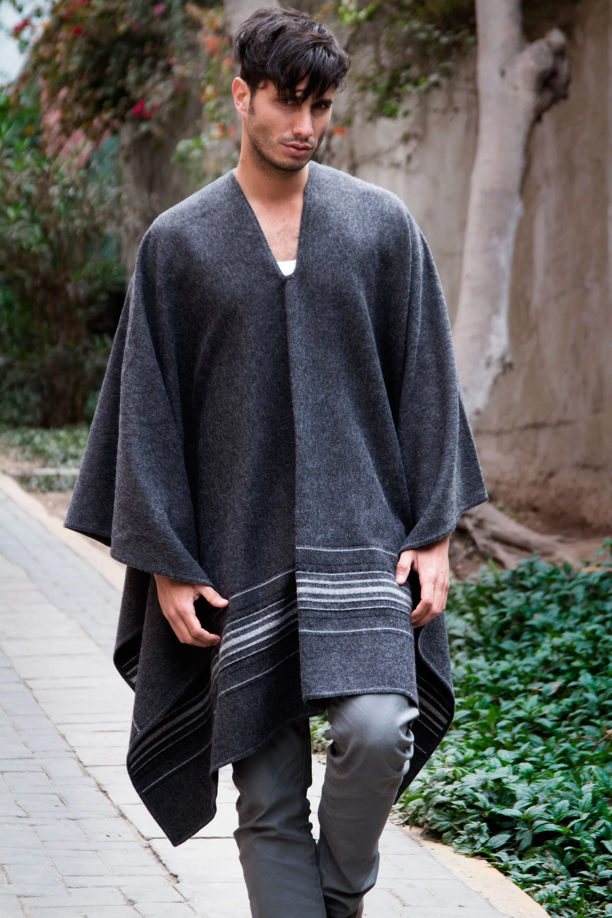 Warm Men's Alpaca Blend Poncho with V-neck from Peru - Gray Nazca | NOVICA