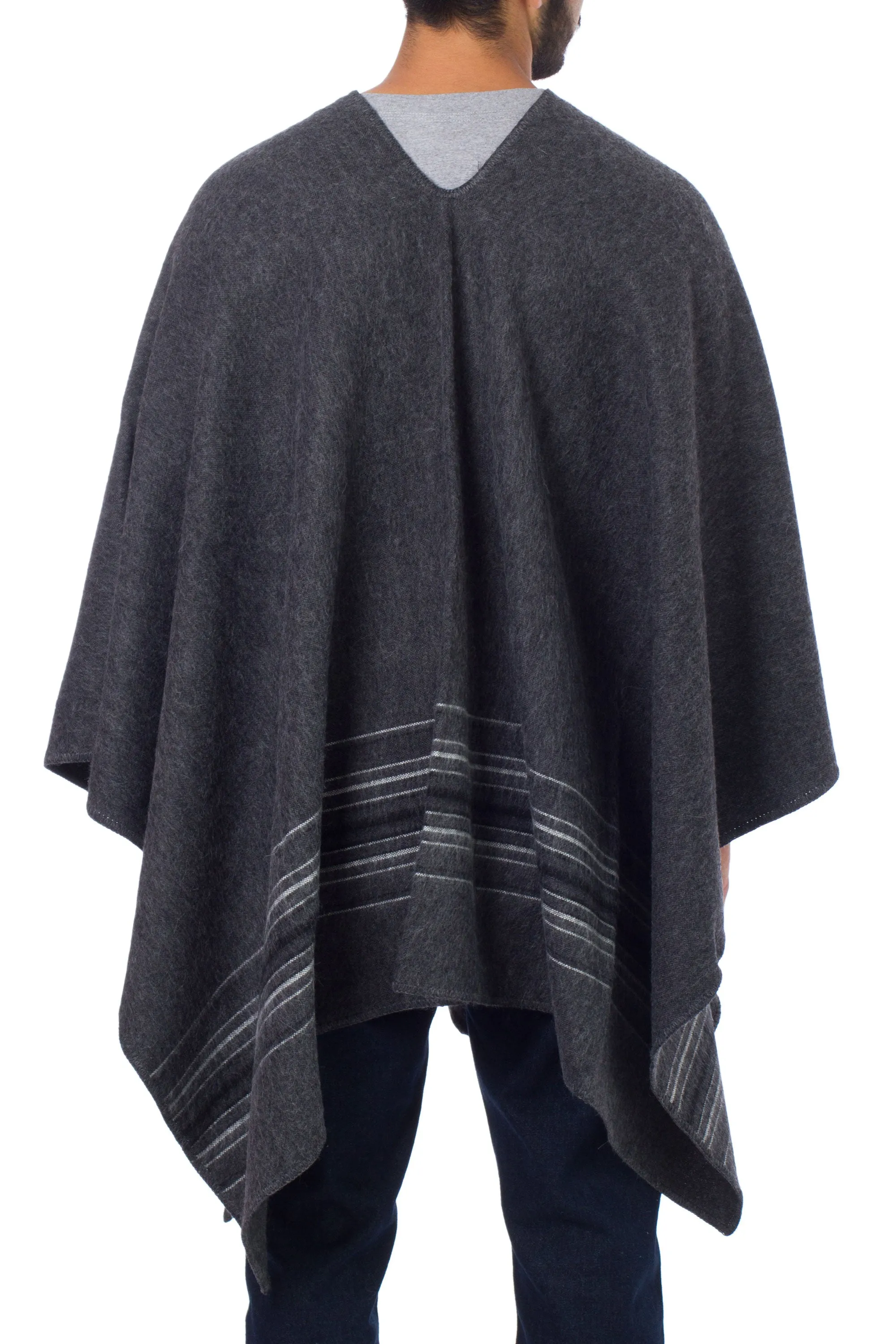 Warm Men's Alpaca Blend Poncho with V-neck from Peru - Gray Nazca | NOVICA