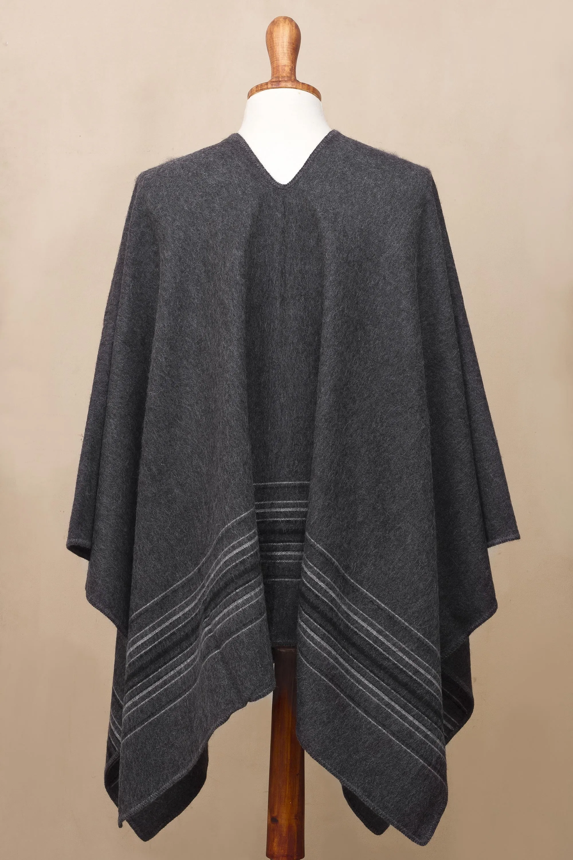 Warm Men's Alpaca Blend Poncho with V-neck from Peru - Gray Nazca | NOVICA