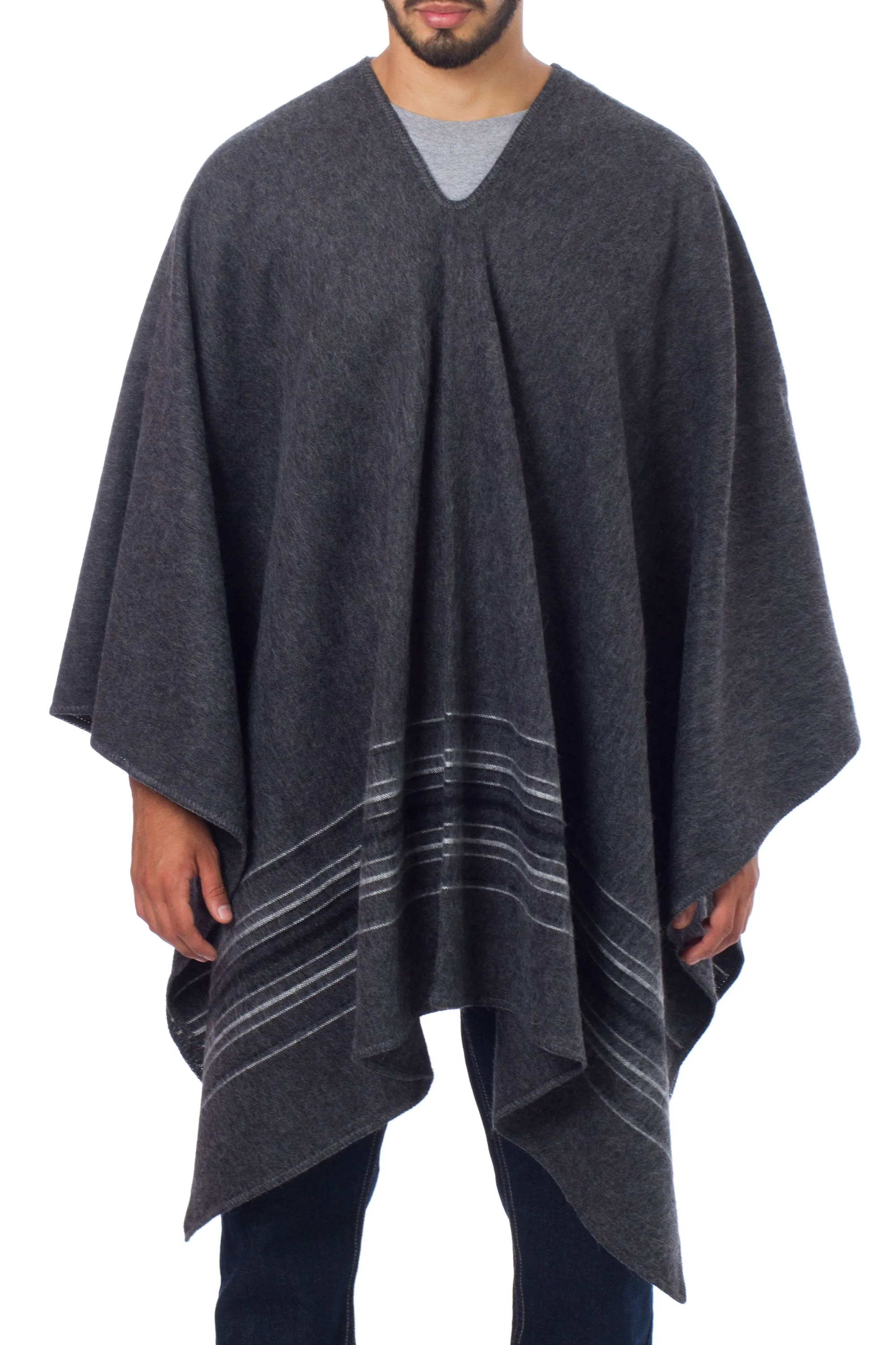 Warm Men's Alpaca Blend Poncho with V-neck from Peru - Gray Nazca | NOVICA