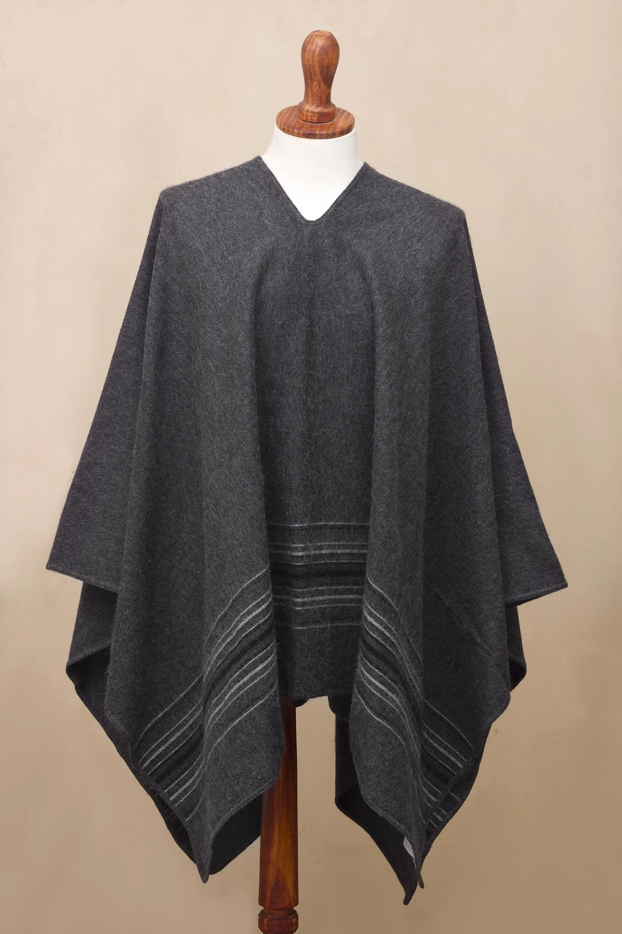 Warm Men's Alpaca Blend Poncho with V-neck from Peru - Gray Nazca | NOVICA