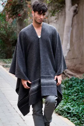 Warm Men's Alpaca Blend Poncho with V-neck from Peru - Gray Nazca | NOVICA