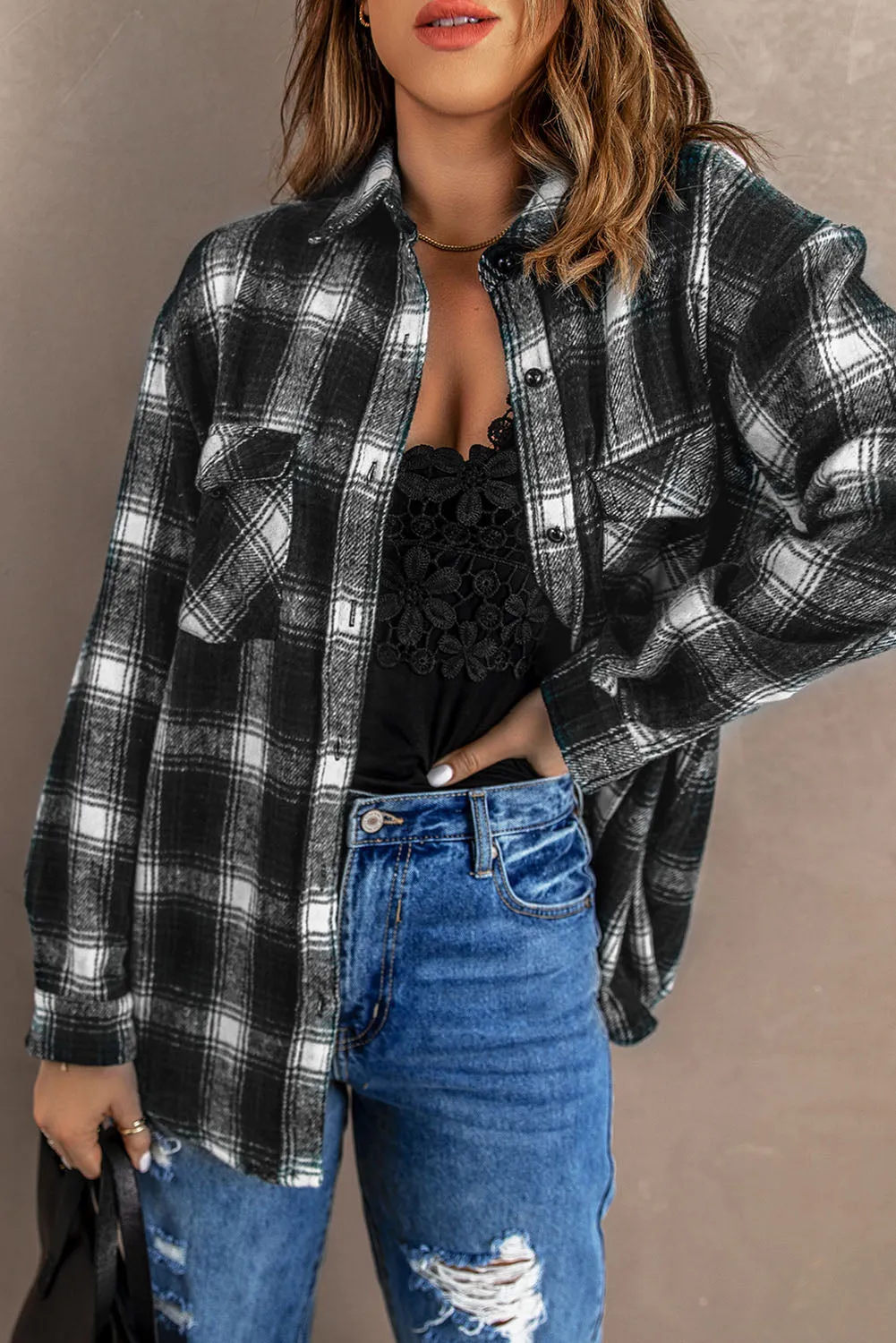 Wholesale Black Button Up Collared Plaid Shacket