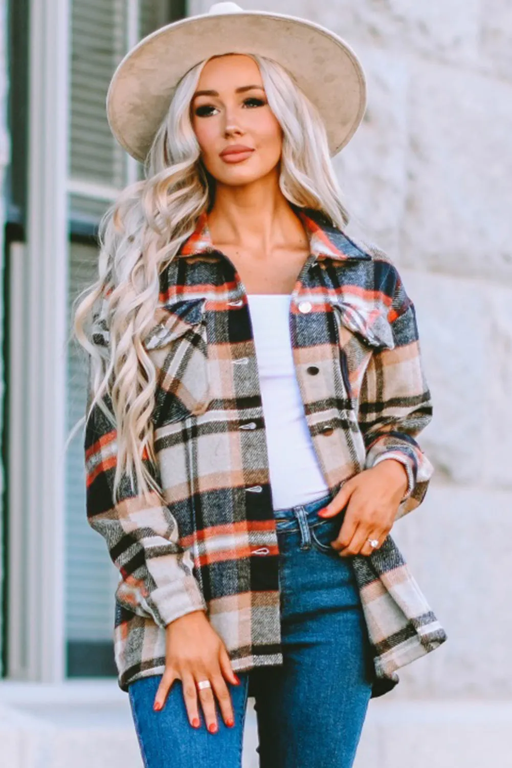 Wholesale Brown Plaid Button Up Long Sleeve Flannel Shacket