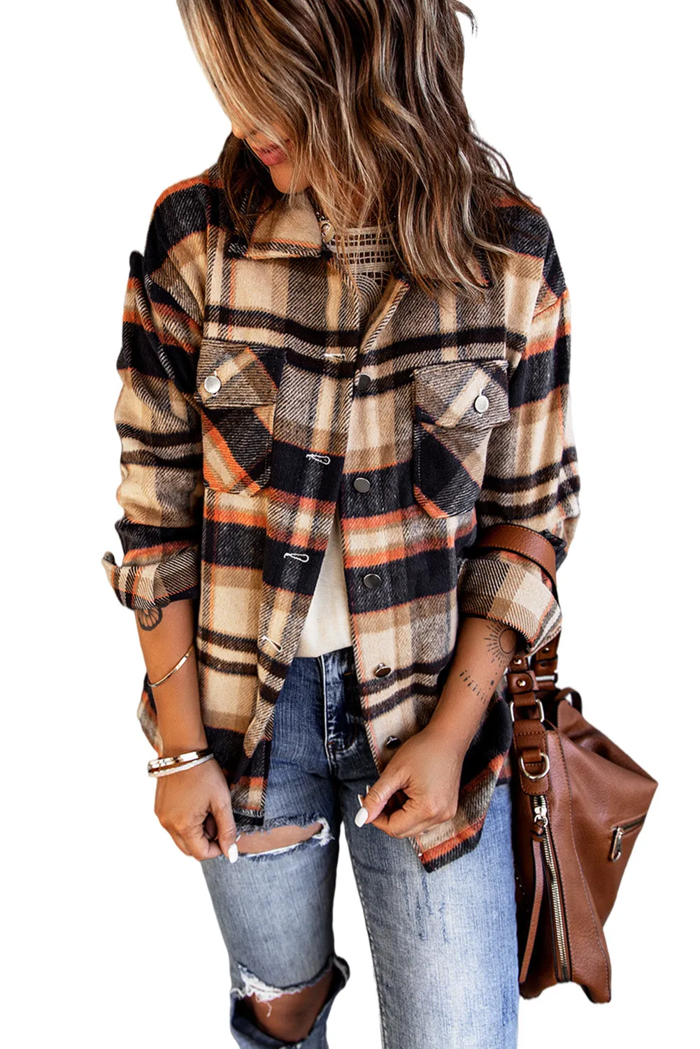 Wholesale Brown Plaid Button Up Long Sleeve Flannel Shacket