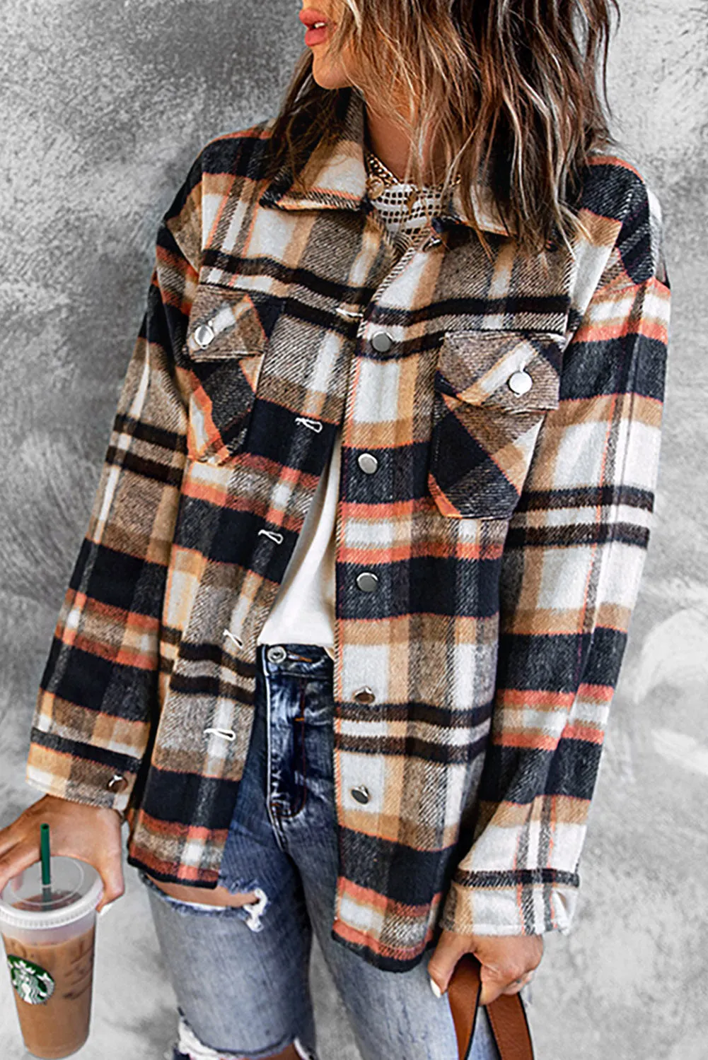 Wholesale Brown Plaid Button Up Long Sleeve Flannel Shacket