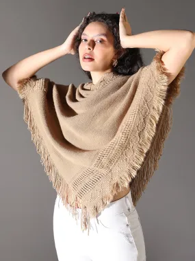 Women Beige Solid Longline Poncho