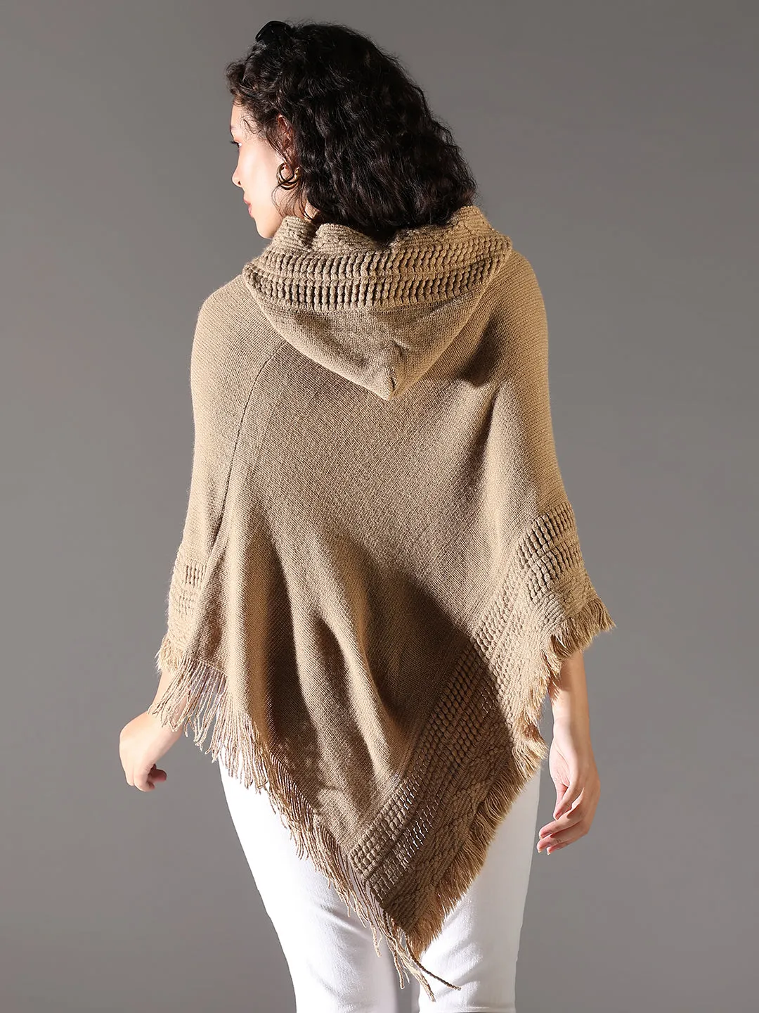 Women Beige Solid Longline Poncho