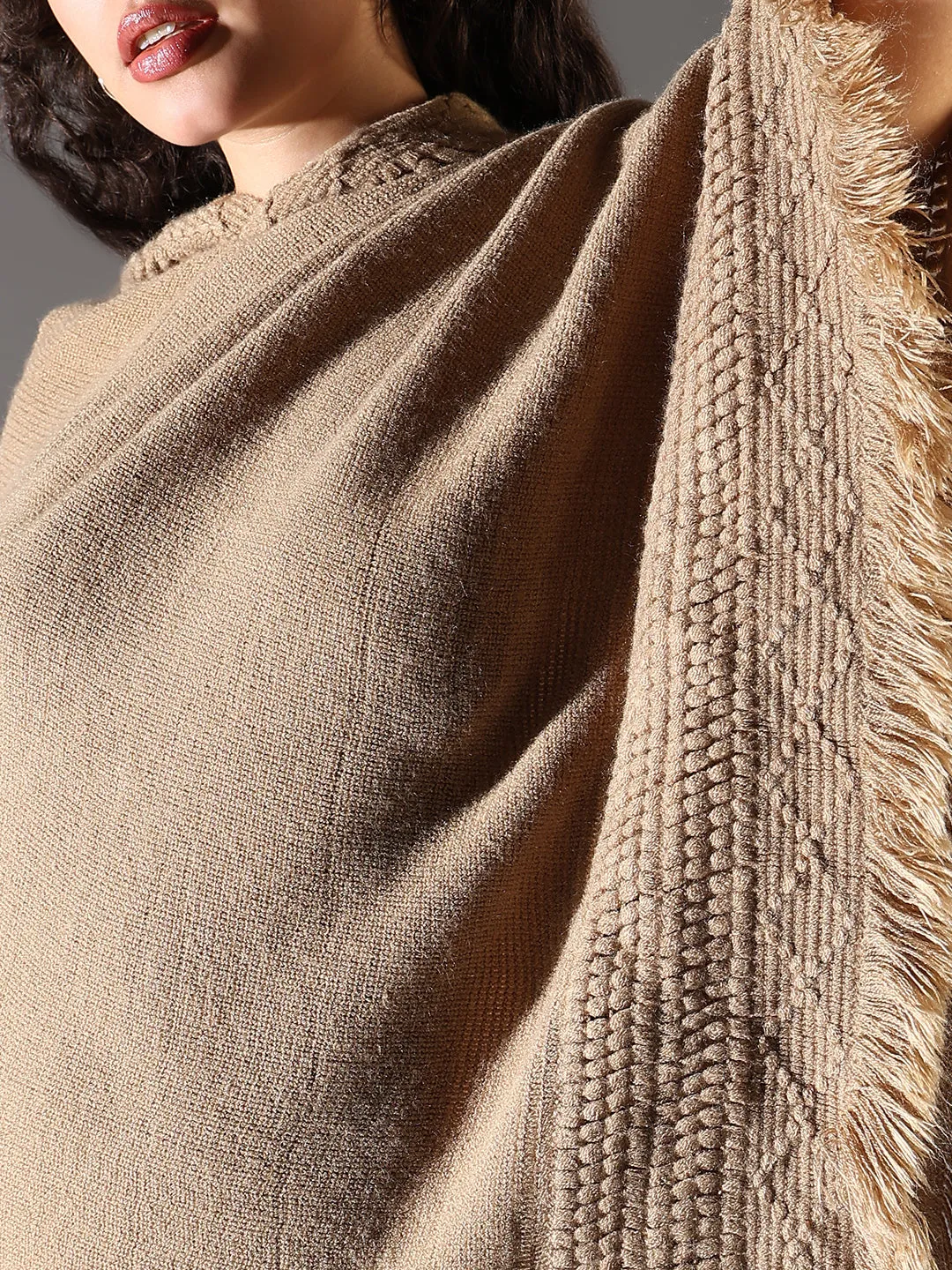 Women Beige Solid Longline Poncho