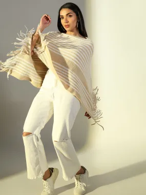 Women Beige Striped Longline Poncho