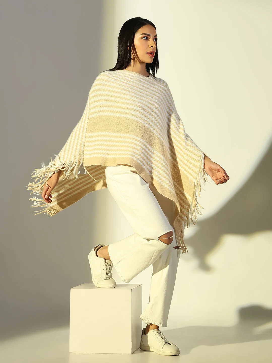 Women Beige Striped Longline Poncho