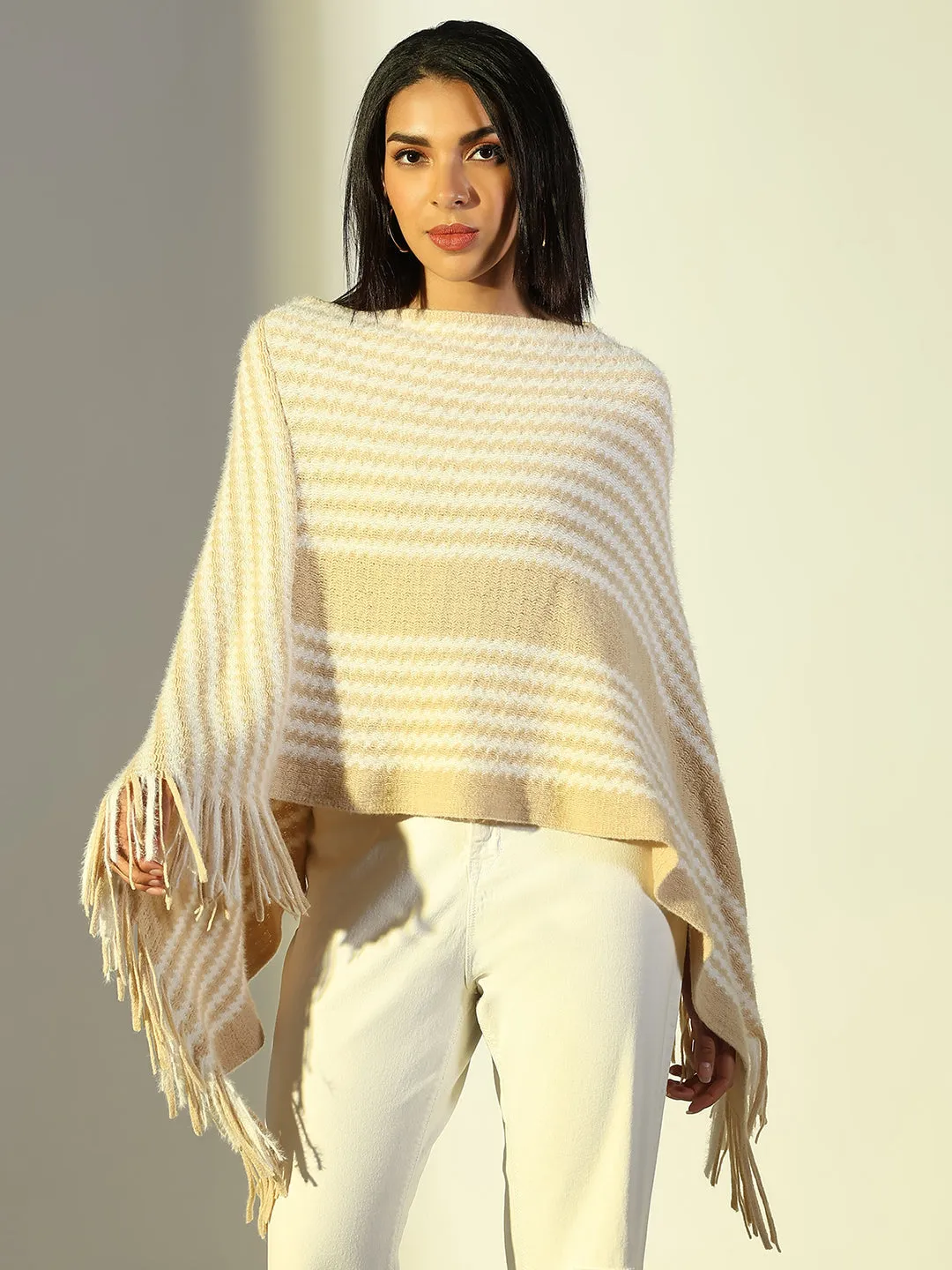 Women Beige Striped Longline Poncho