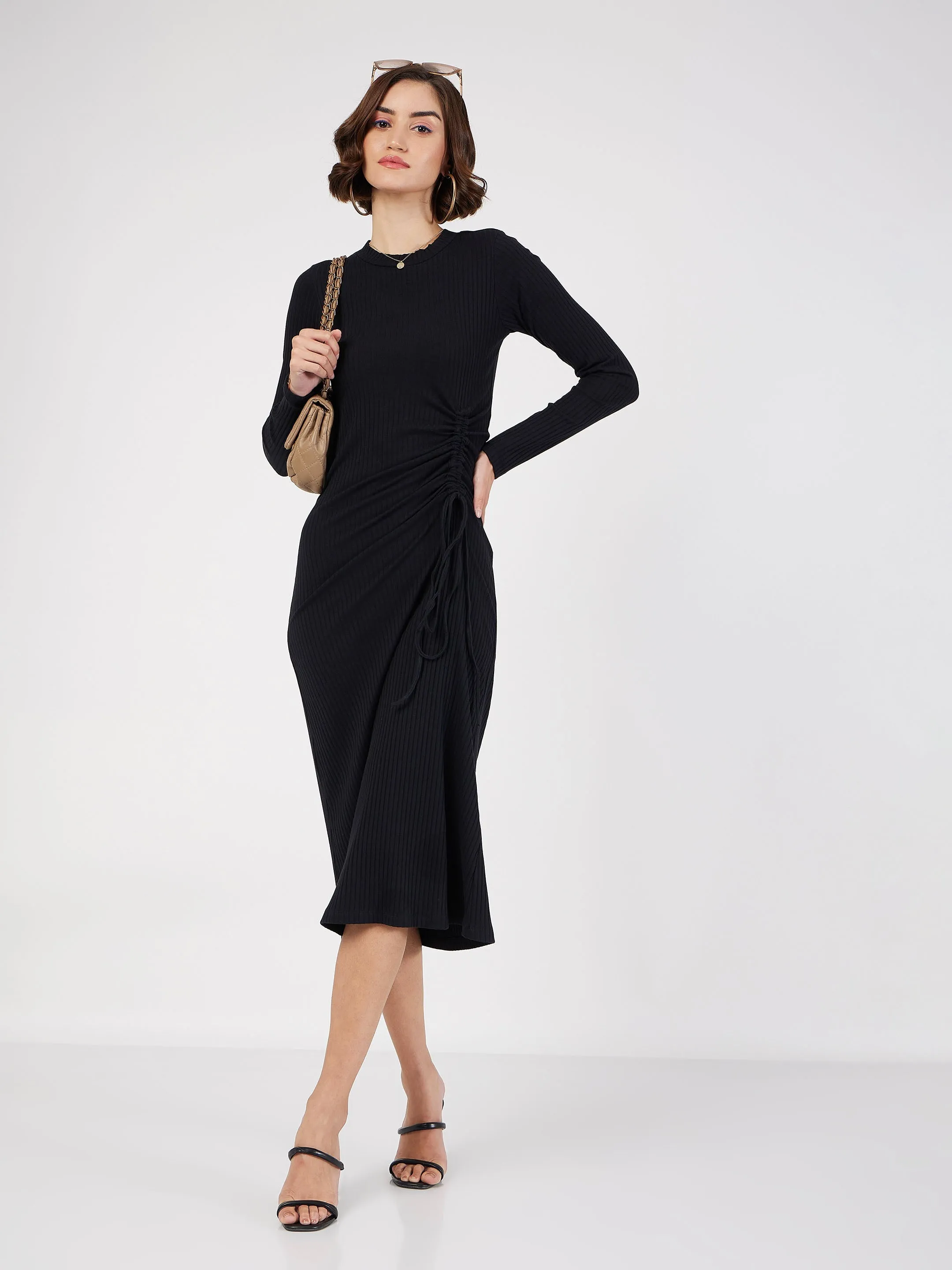 Women Black Rib Side Ruched Bodycon Midi Dress