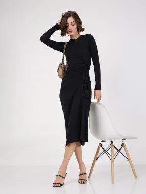 Women Black Rib Side Ruched Bodycon Midi Dress