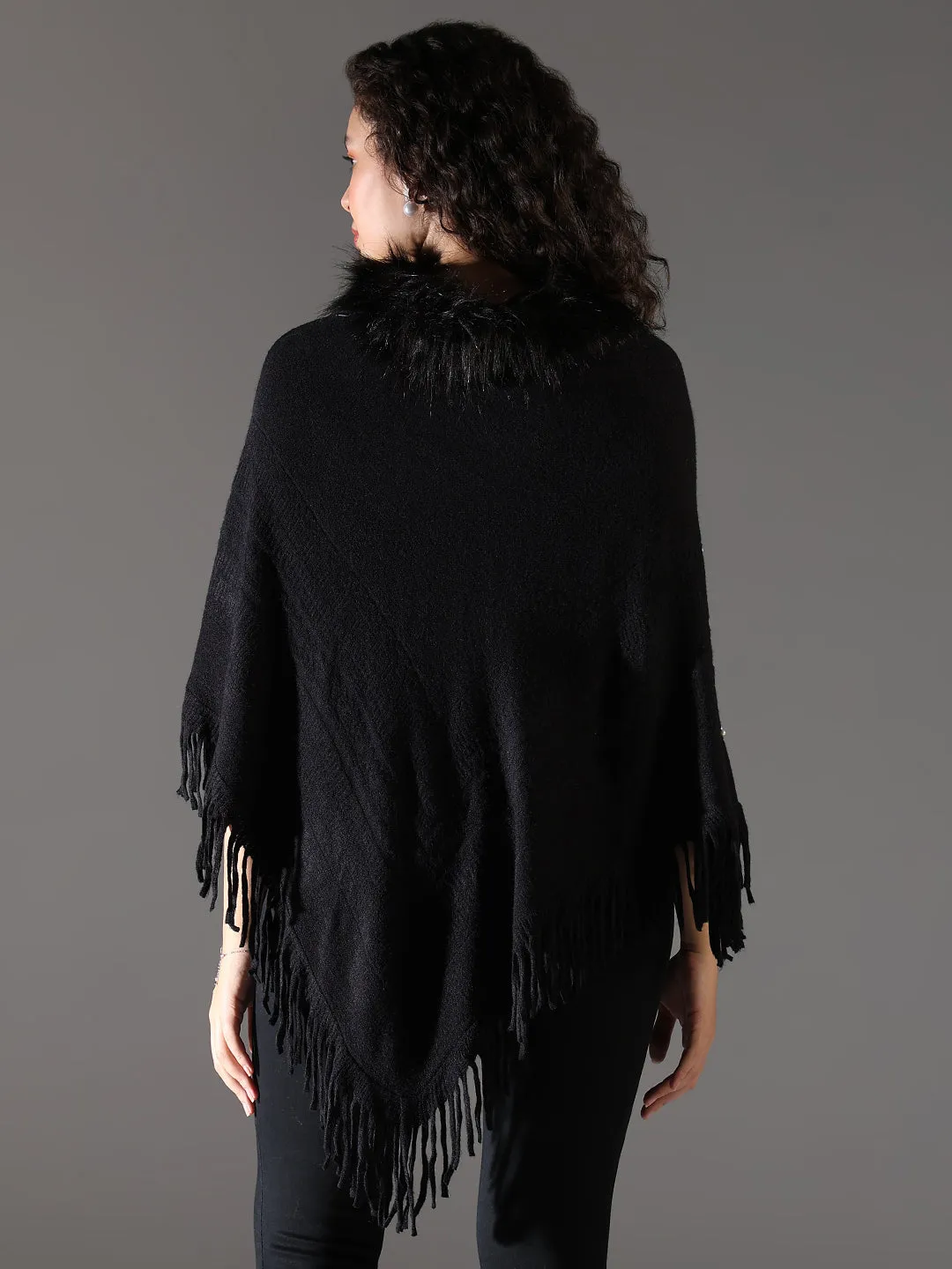 Women Black Solid Longline Poncho