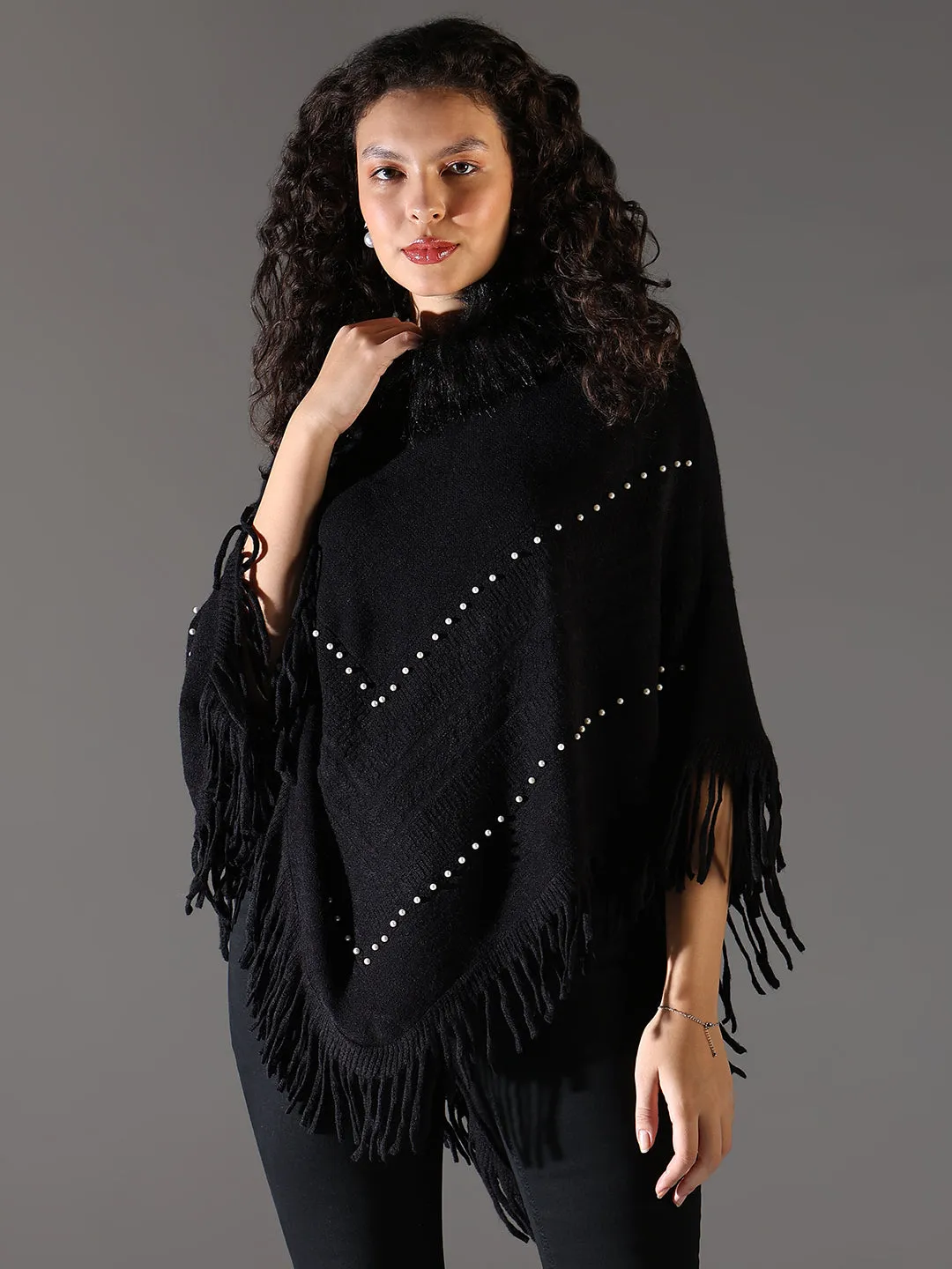 Women Black Solid Longline Poncho